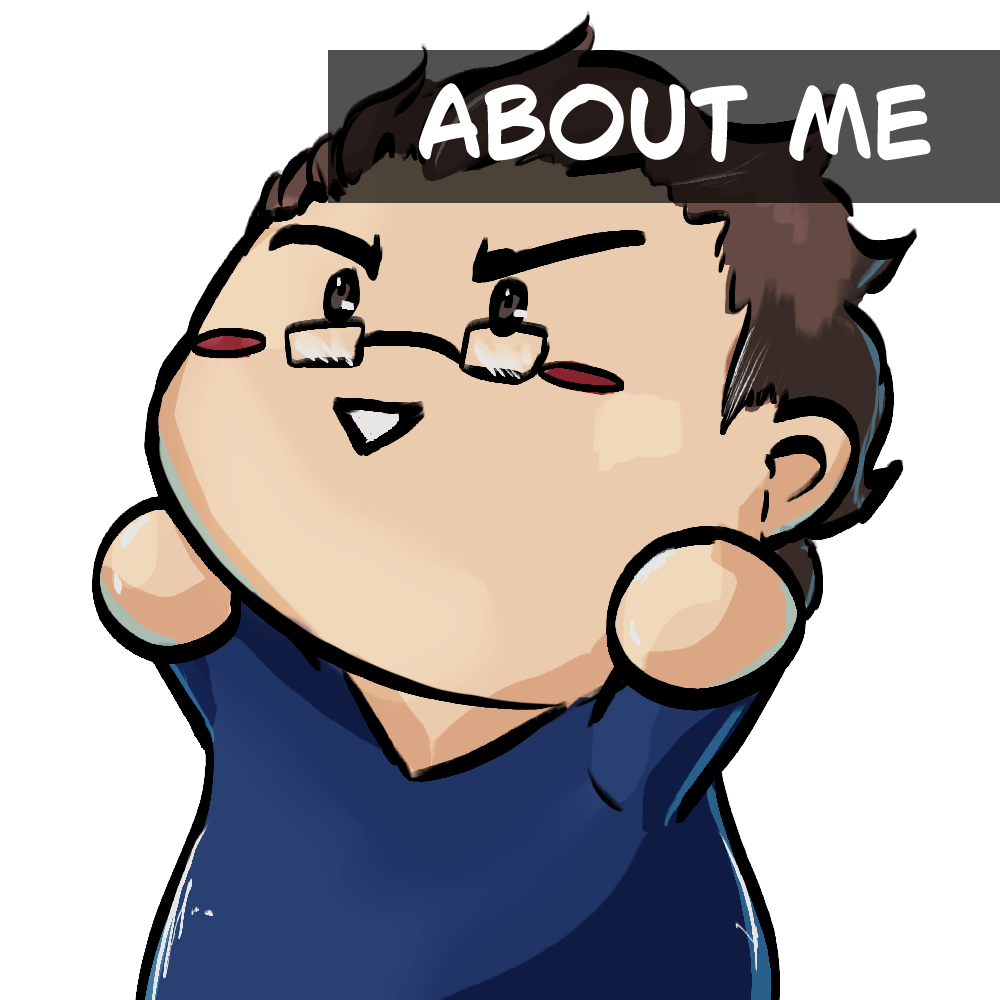 Eine Karikatur des Autors mit den Worten „über mich“ über ihm