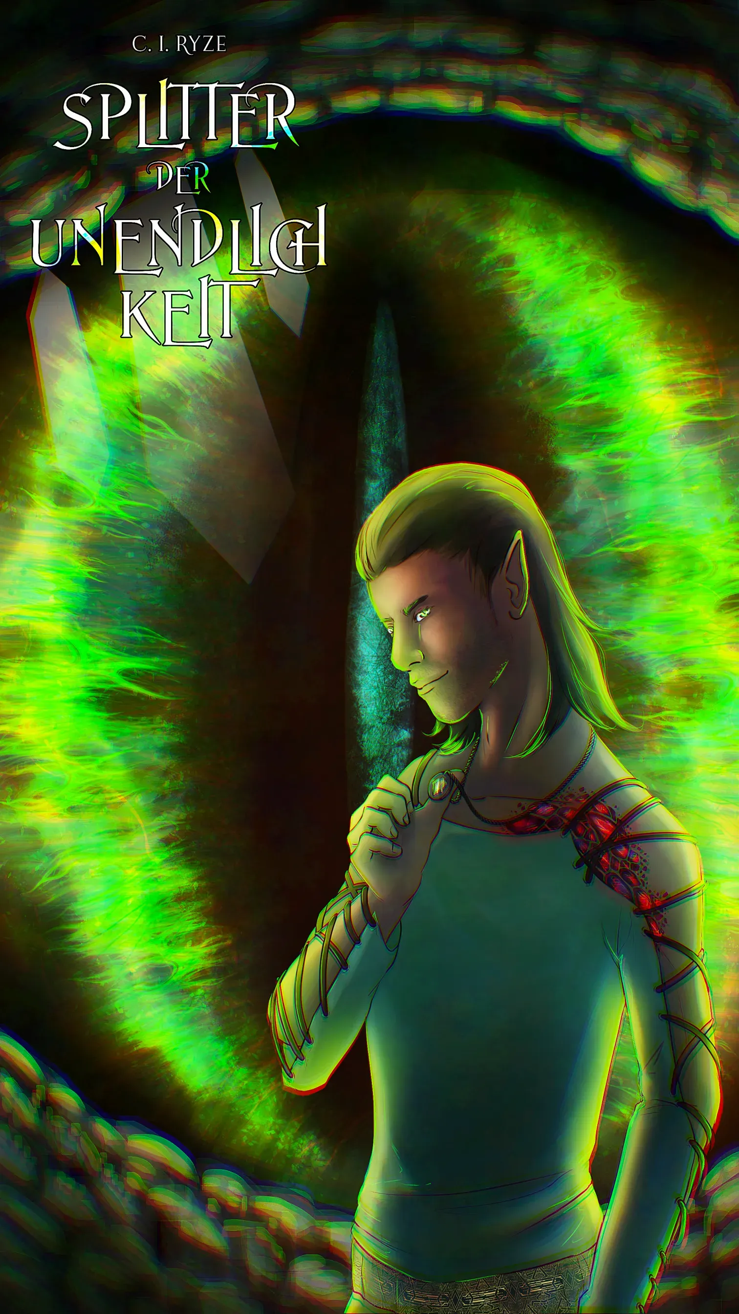 Eine elfenartige Gestalt mit einer Klinge vor einem leuchtend grünen Auge.