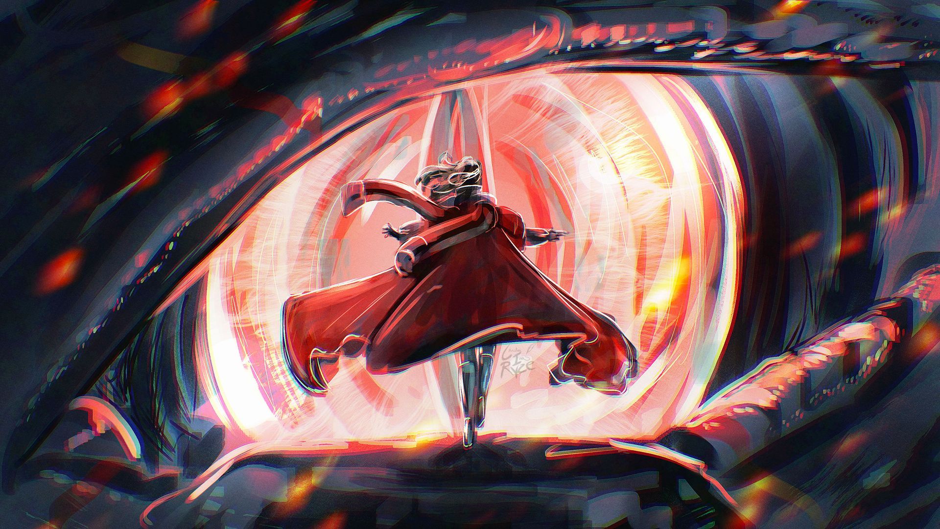 Eine Person in einem roten Umhang posiert vor einem riesigen Auge, das feurig rot leuchtet.