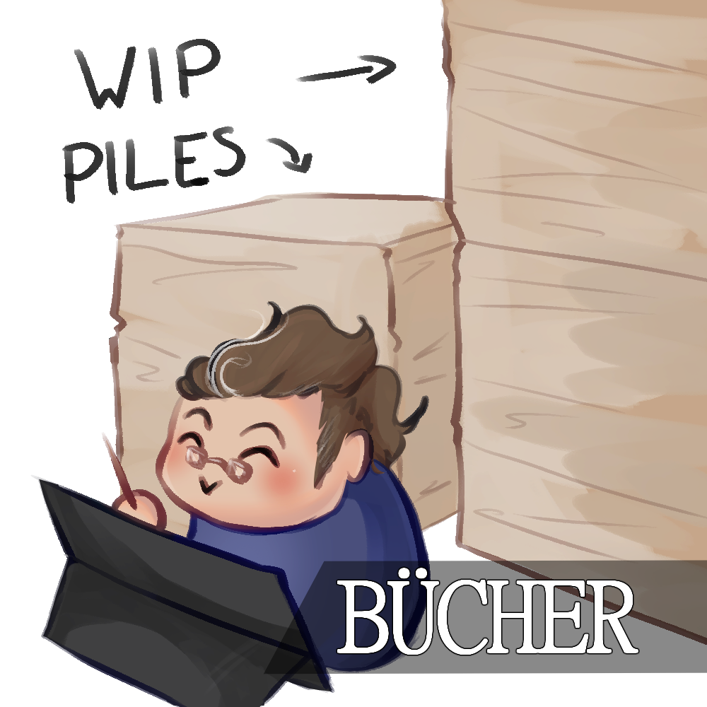 Eine Comicfigur mit Brille zeichnet auf einem Tablet vor Stapeln von unfertigen Arbeiten; auf einem Banner prangt das Wort „BÜCHER“.