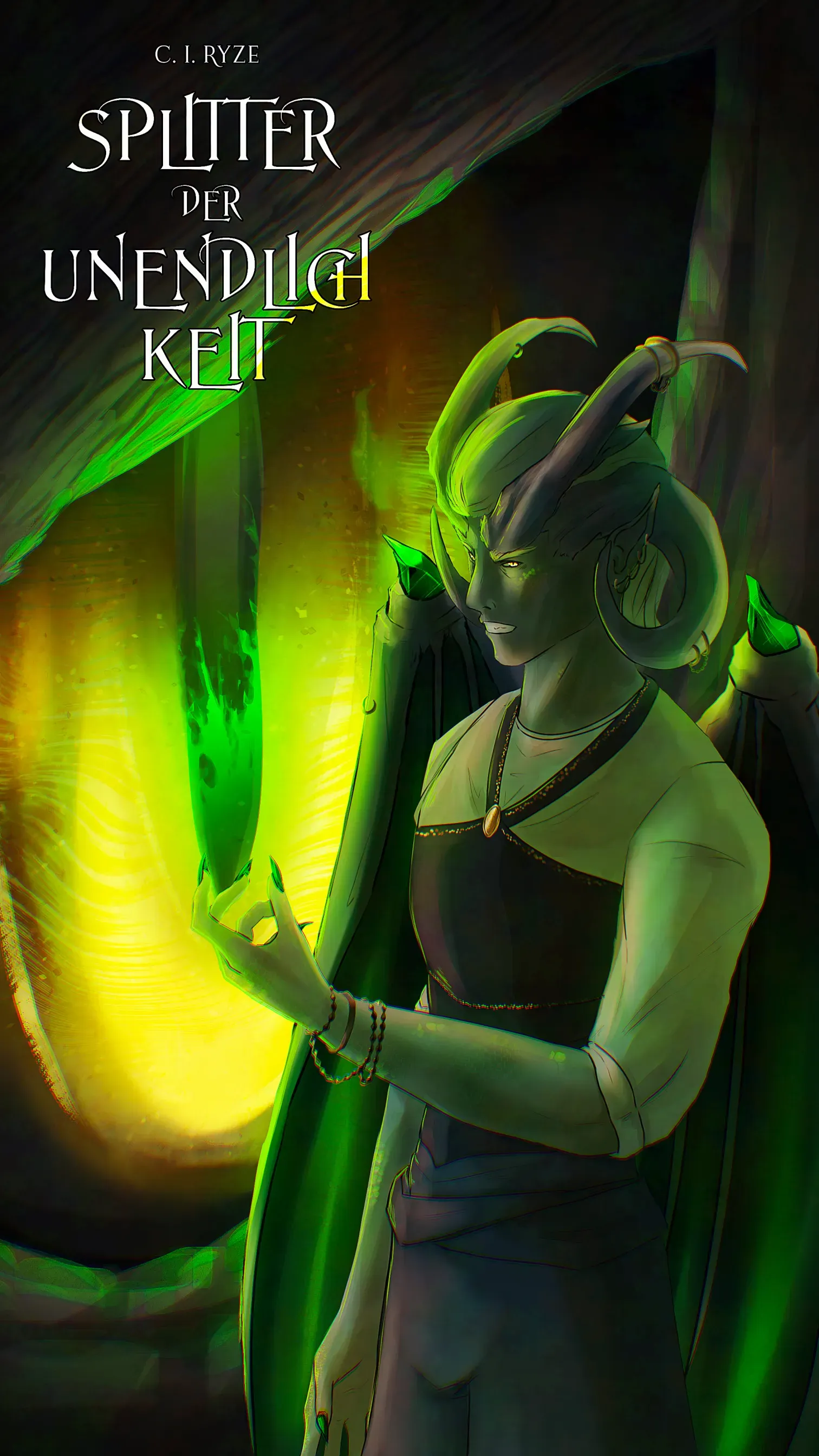 Grünhäutiges Wesen mit Flügeln und Hörnern, das einen leuchtenden Gegenstand hält, vor einer grünen Energiequelle.