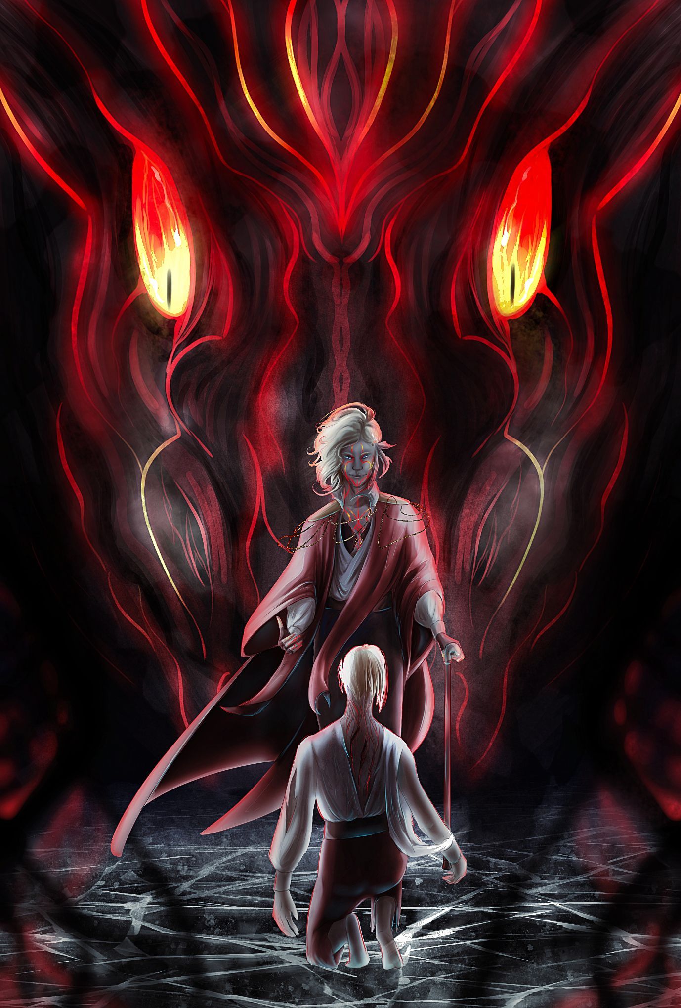 Ein Gemälde eines Mannes, der vor einem roten Drachen kniet