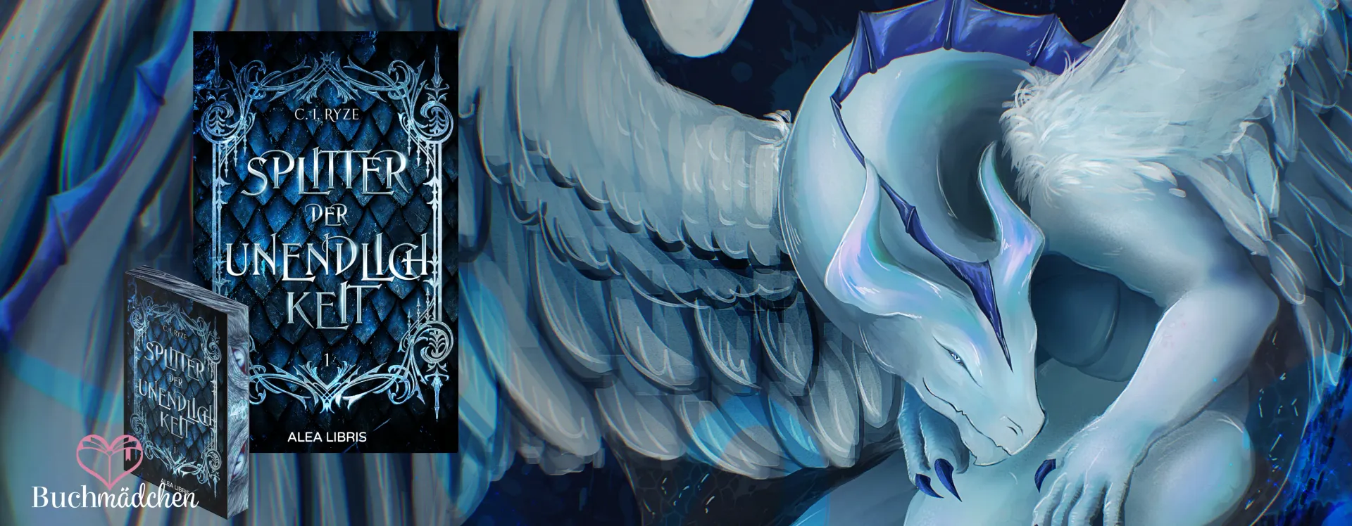 Eine digitale Illustration eines hellblauen Drachen mit gefiederten Flügeln neben einem Buch mit dem Titel „Splitter of Unlight“.