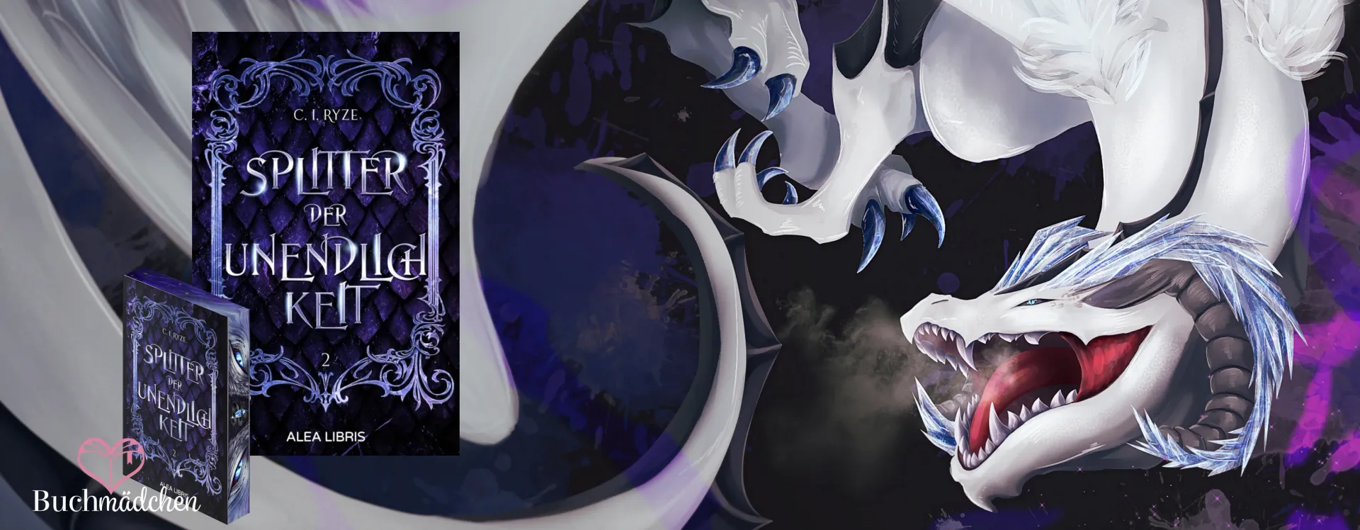 Ein düster gestaltetes Werbebanner für das Buch „Splitter der Unendlichkeit“ mit einem weißen Drachen neben dem Buchcover.