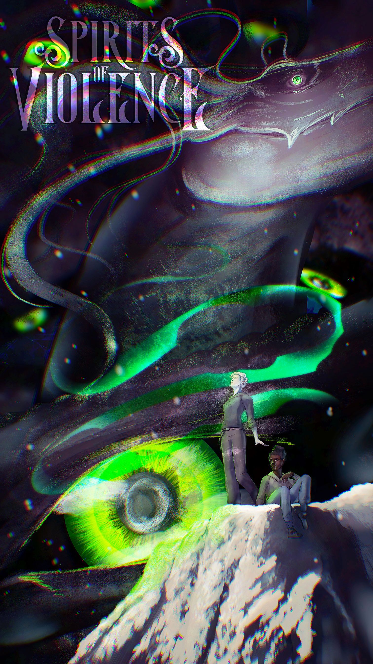 „Geister der Gewalt“ (Titel). Zwei Gestalten stehen auf einer felsigen Oberfläche, mit grünen, augenähnlichen Kugeln vor einem wirbelnden dunklen Hintergrund.