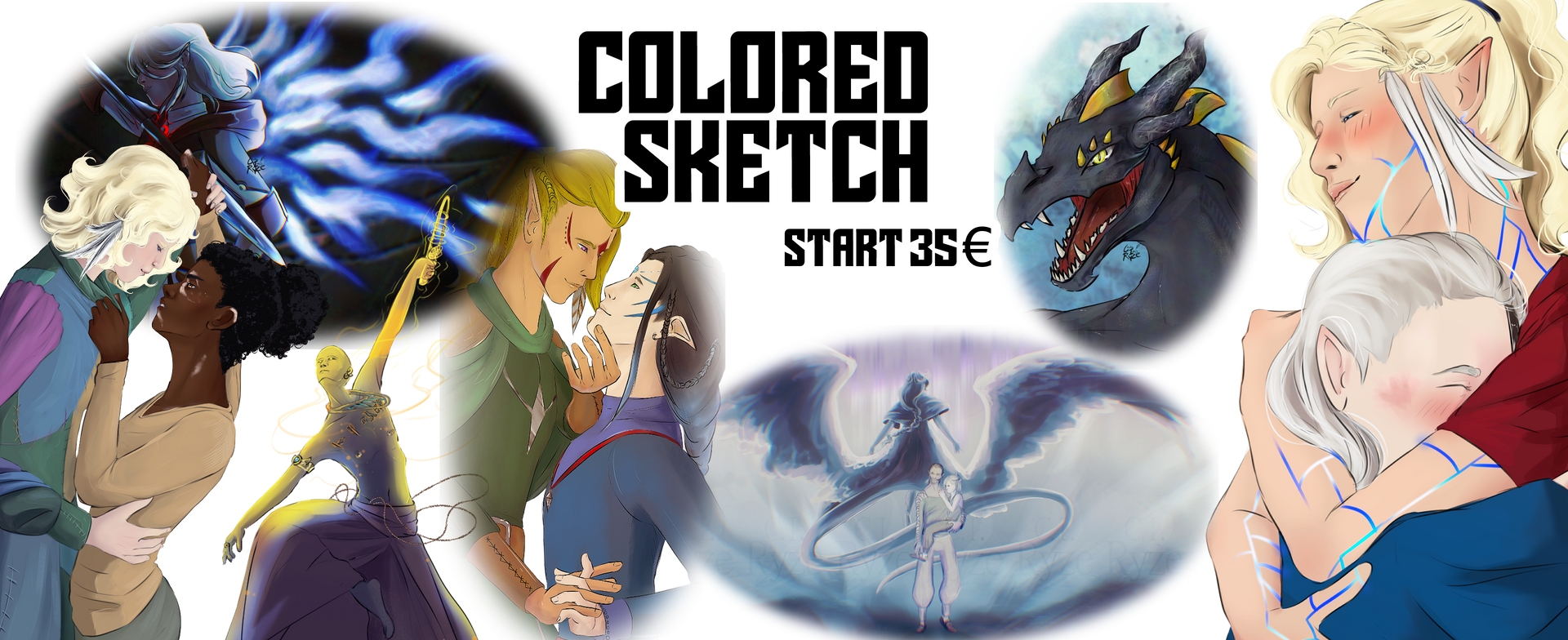 Bannerwerbung für farbige Skizzen ab 36 €. Mit illustrierten Figuren in verschiedenen Posen vor detaillierten Hintergründen.