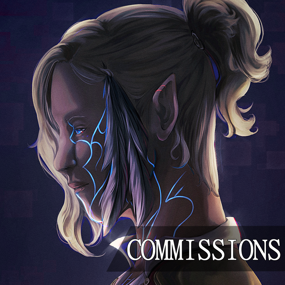 Das Profil einer Gestalt mit langen, spitzen Ohren, leuchtenden Gesichtszügen, Federn im Haar und einem hohen Pferdeschwanz.