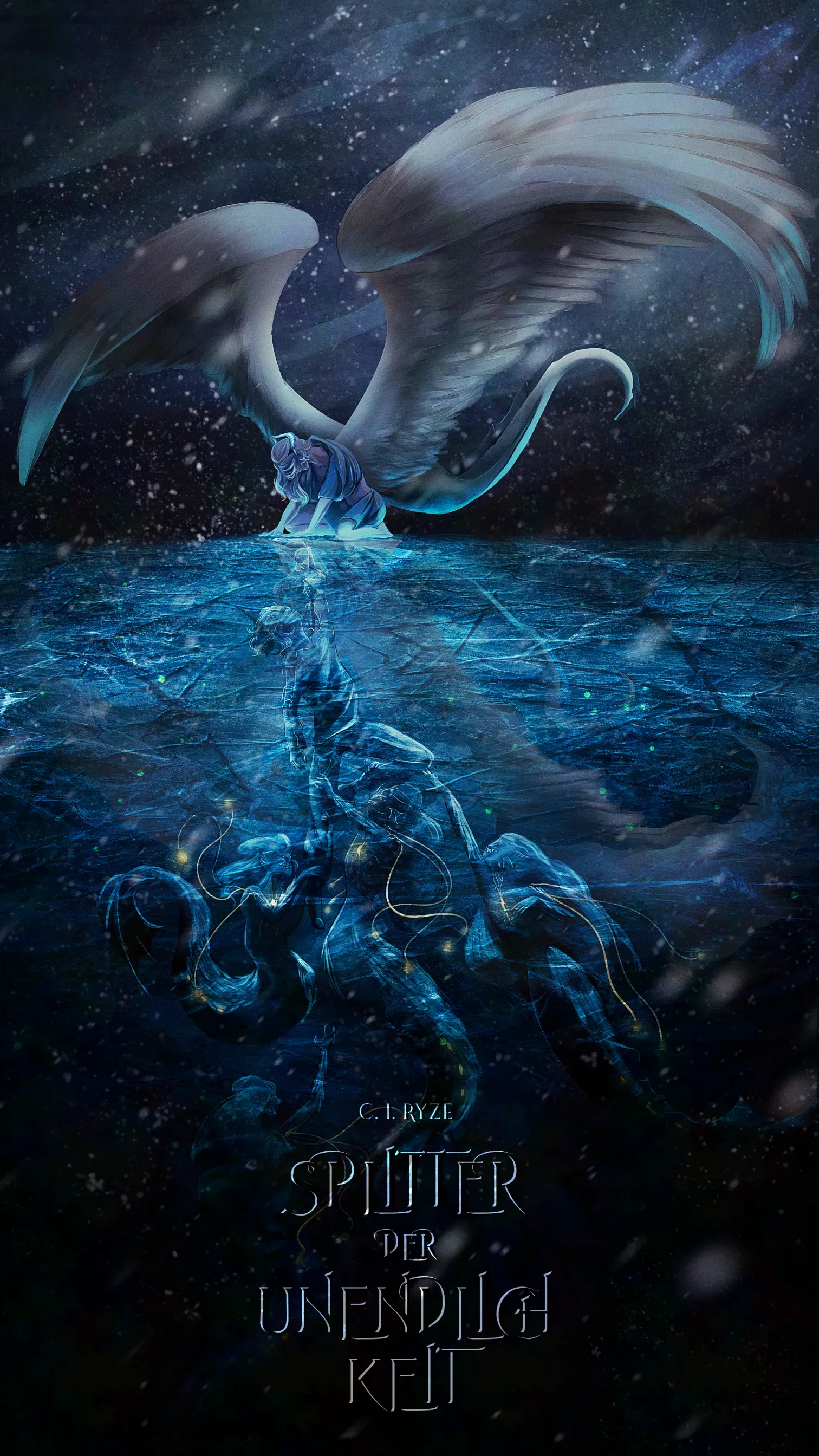 Geflügeltes Wesen steigt aus dem Wasser empor, Spiegelbild. Verschneiter Nachthimmel.