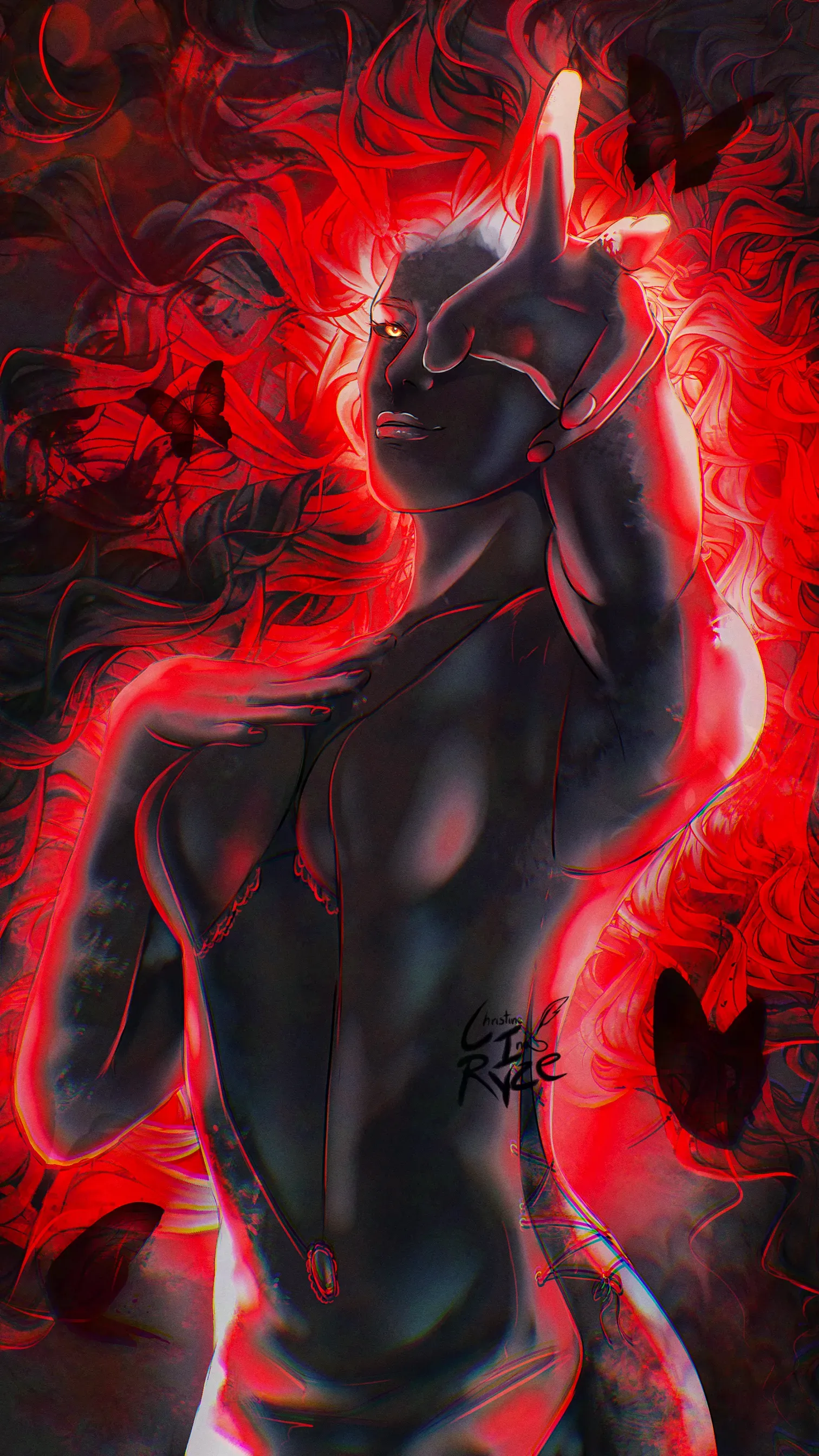 Frau im roten Lichtschein, die die Hand hebt; Schmetterlinge vor dunklem Hintergrund.