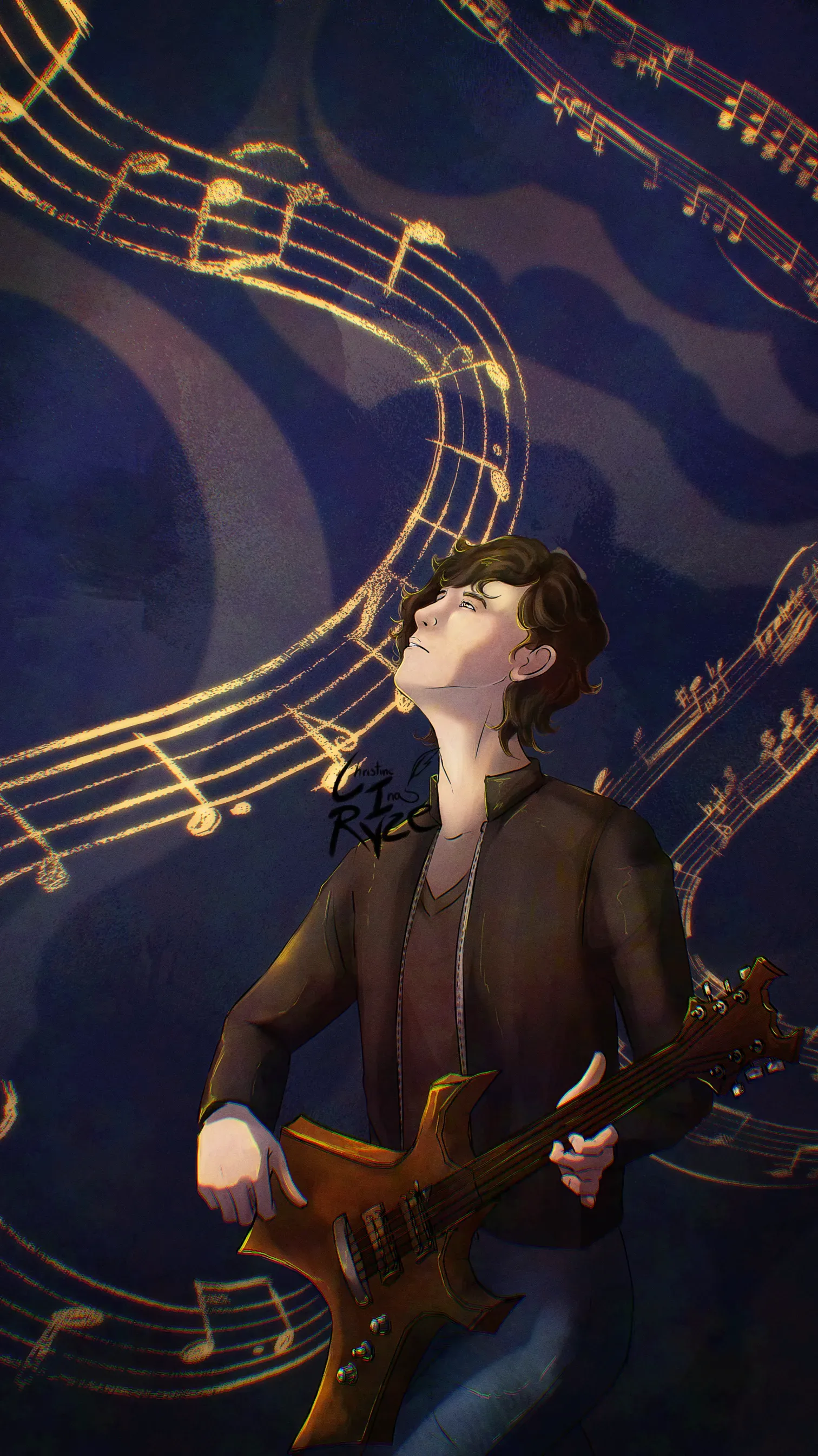 Eine Person, die auf einer E-Gitarre spielt und nach oben blickt, umgeben von Noten, vor einem dunkelblauen Hintergrund.