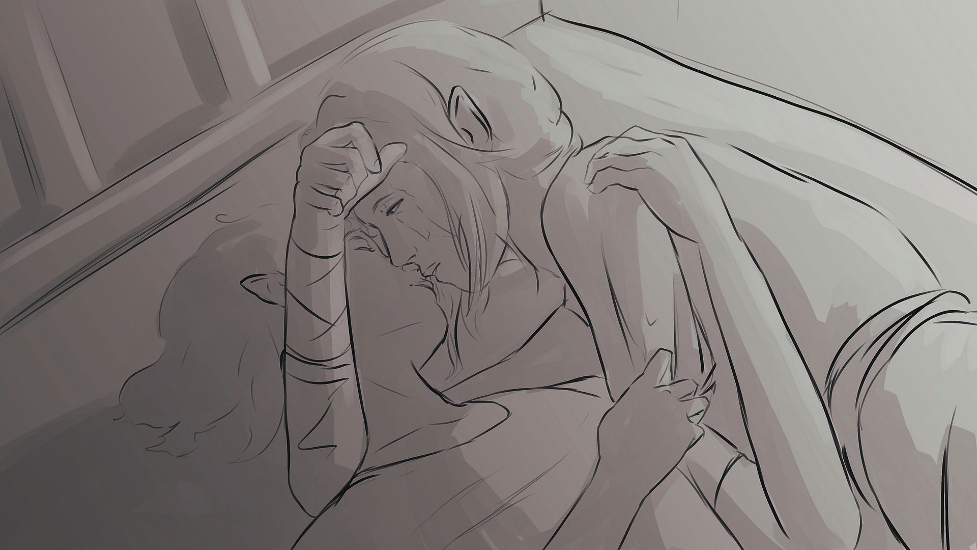 Eine Schwarzweißzeichnung einer Person, die auf einem Bett liegt.