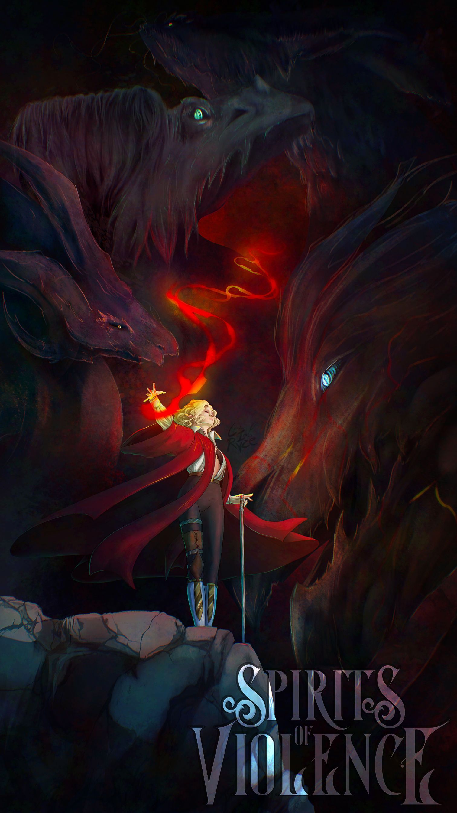 Eine Gestalt mit flammenden Händen steht drei unheilvollen, wolfsähnlichen Kreaturen gegenüber. Düstere Szenerie mit roten und blauen Akzenten. Schriftzug: „Geistesgewalt“.