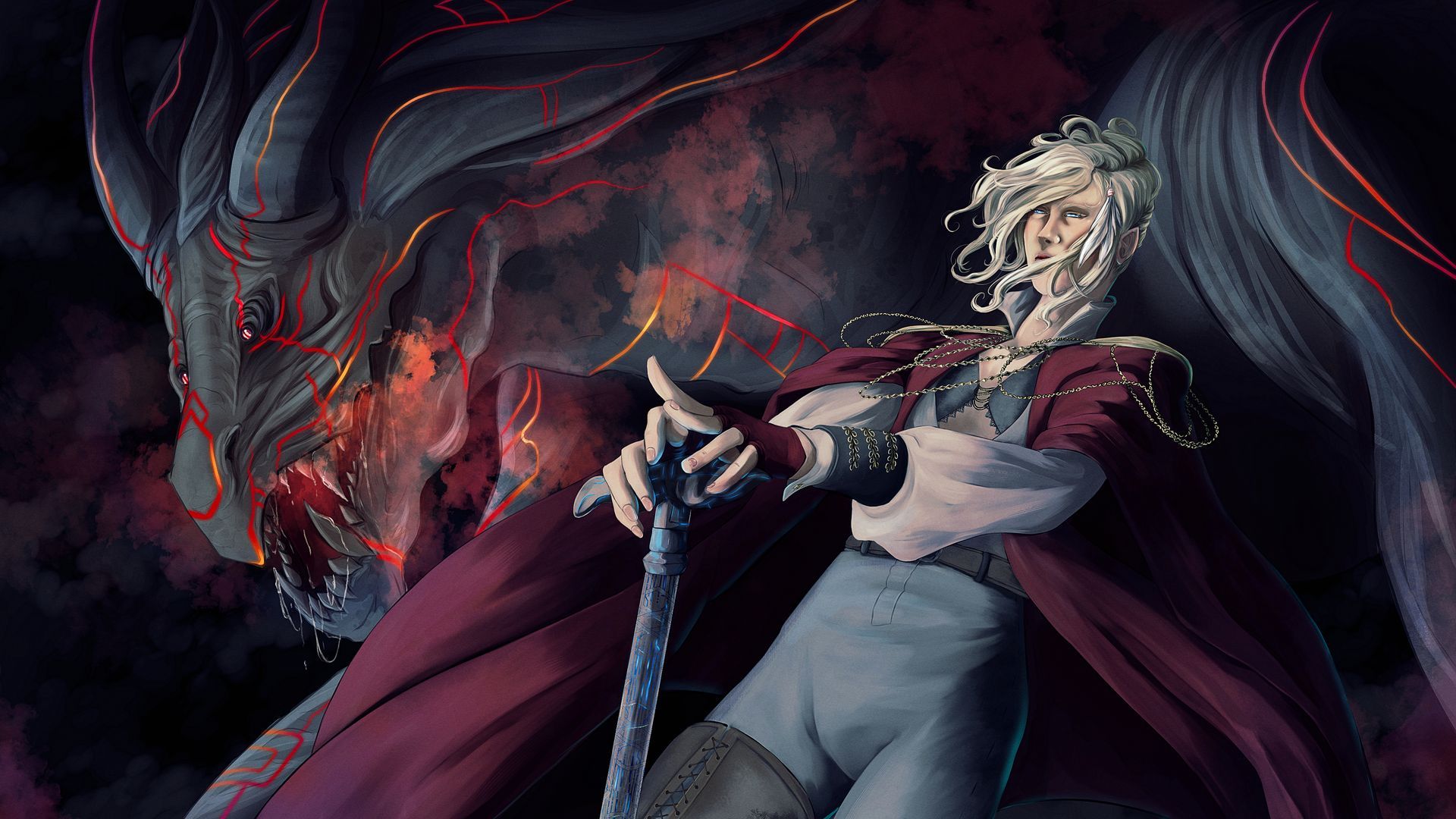 Eine Pixelkunst eines Mannes, der einen Stock vor einem Drachen hält