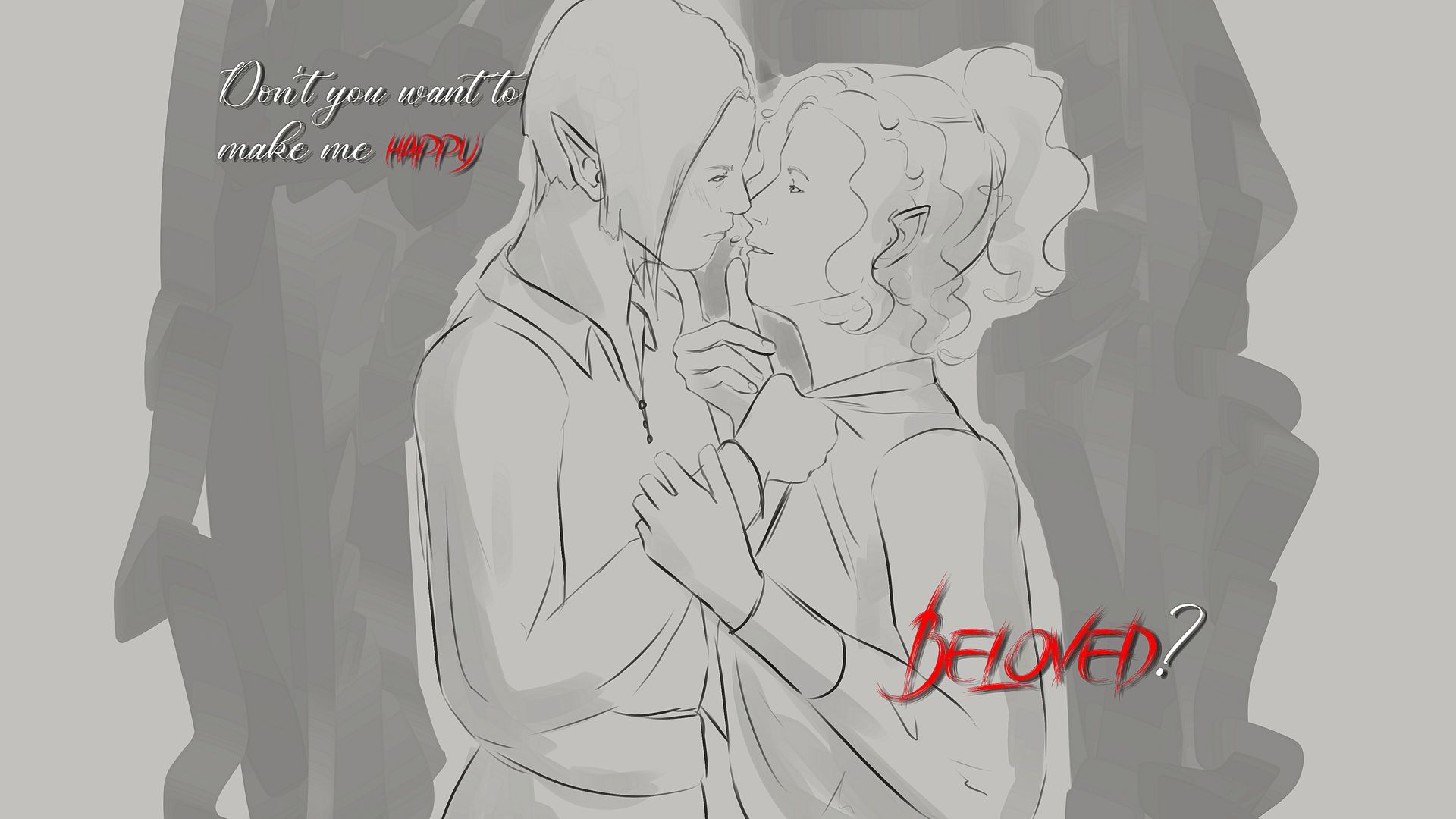 Eine schwarz-weiße Zeichnung eines Mannes und einer Frau, die sich küssen, mit dem Wort „floss“ in roter Schrift