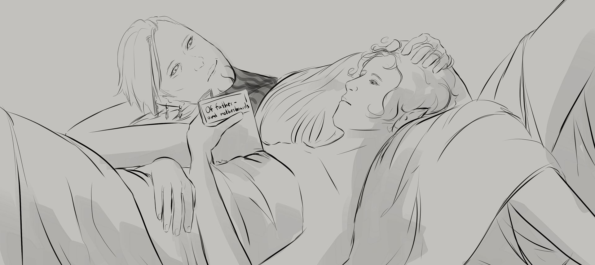 Eine Schwarzweißzeichnung einer Person, die auf einem Bett liegt.