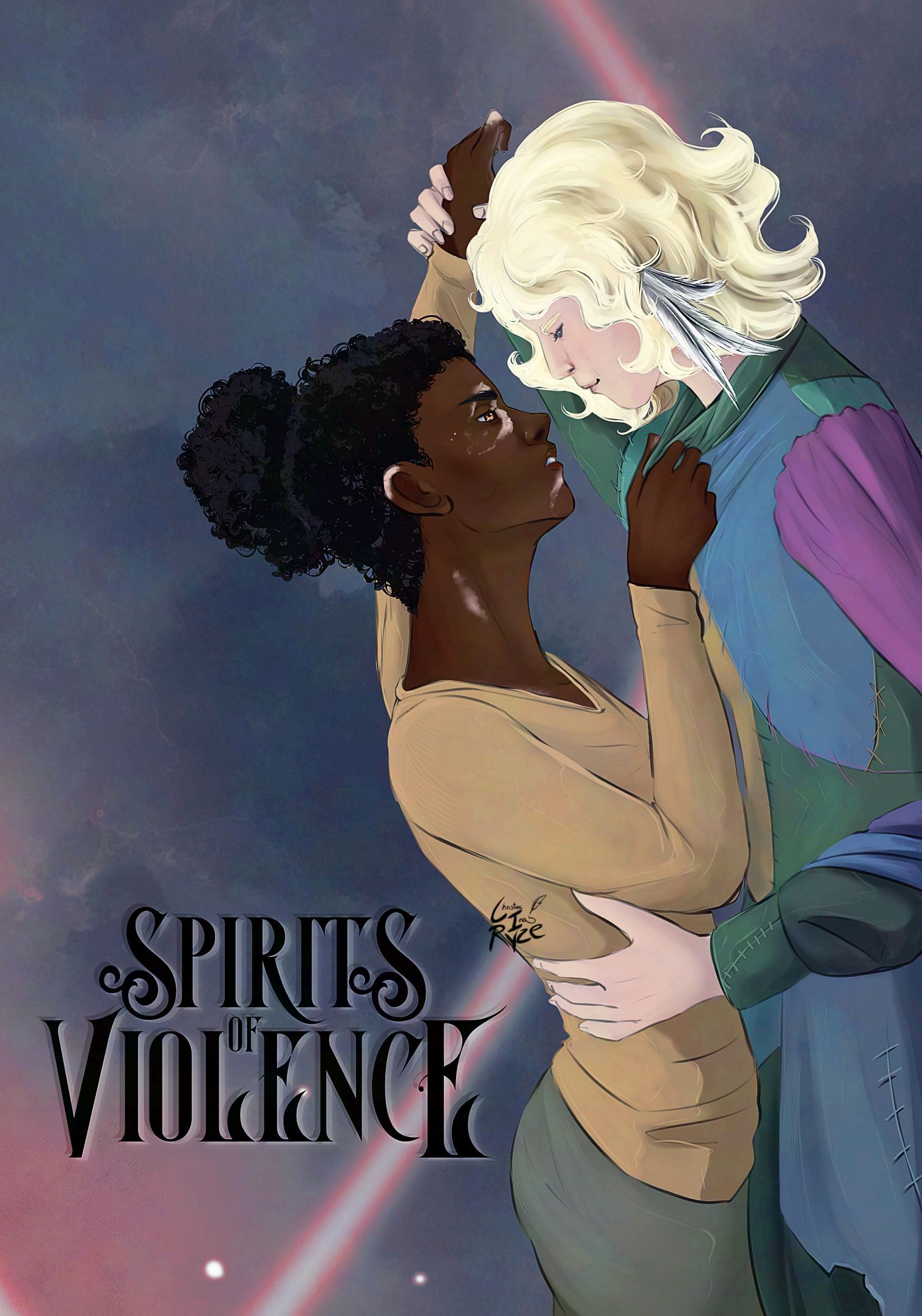 Zwei sich umarmende Gestalten blicken sich vor einem blaugrauen Hintergrund an. Die eine trägt helle, die andere dunkle Farben; Titel: „Geister der Gewalt“.