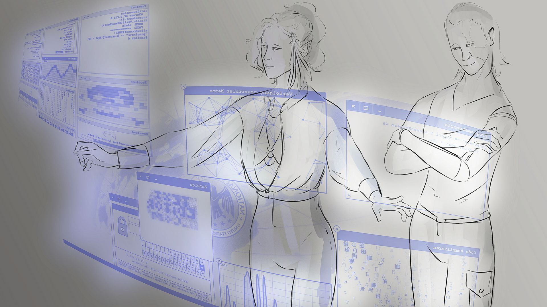 Eine Zeichnung von einem Mann, der neben einem anderen Mann steht