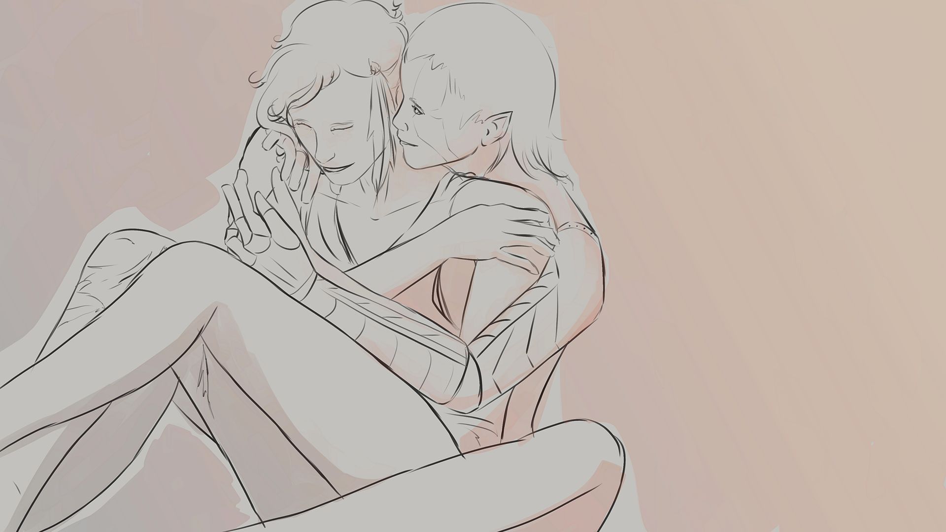 Eine Zeichnung von zwei sich umarmenden Personen auf einem rosa Hintergrund.