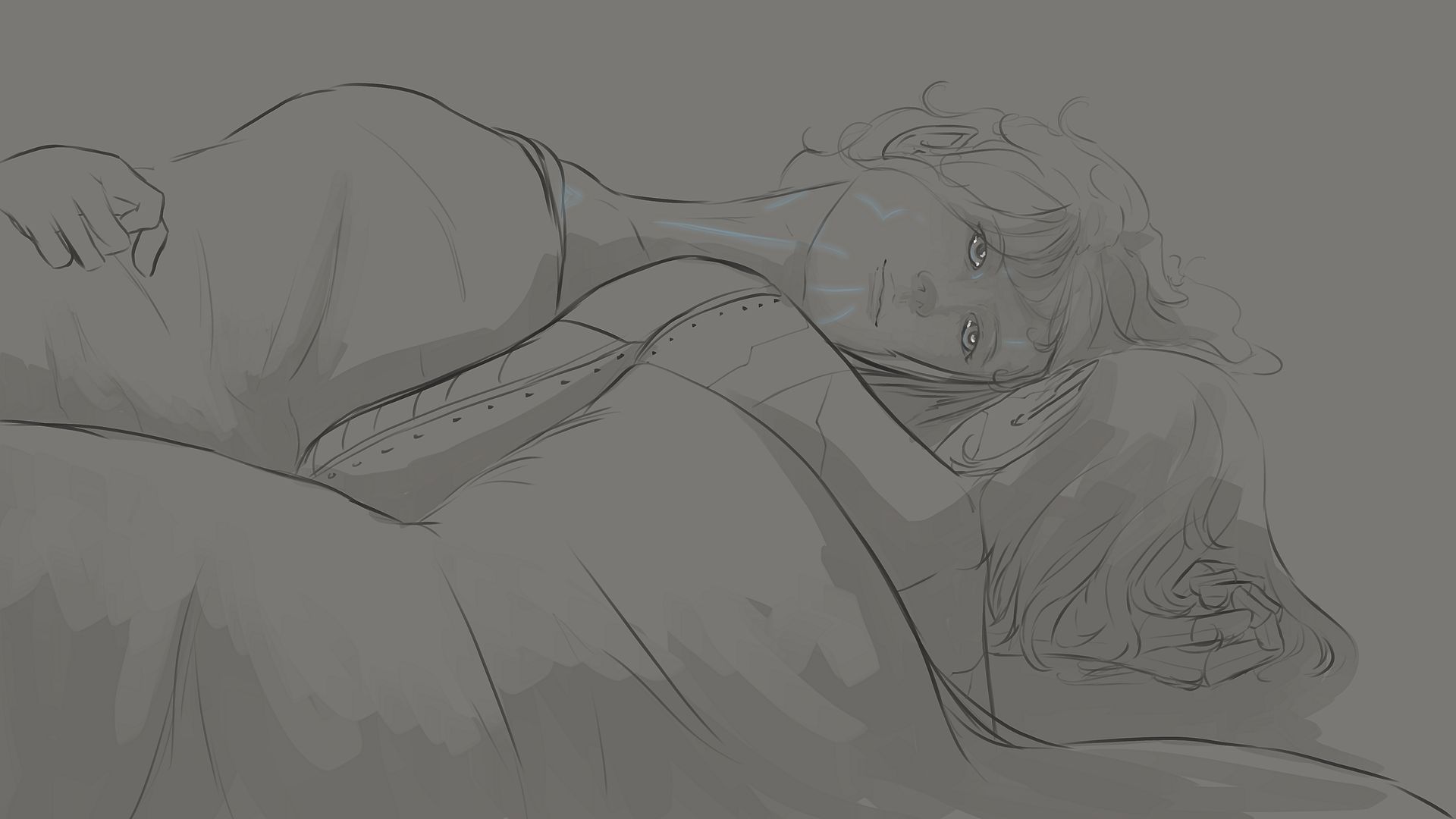 Eine Schwarzweißzeichnung einer Frau, die auf einem Bett liegt.