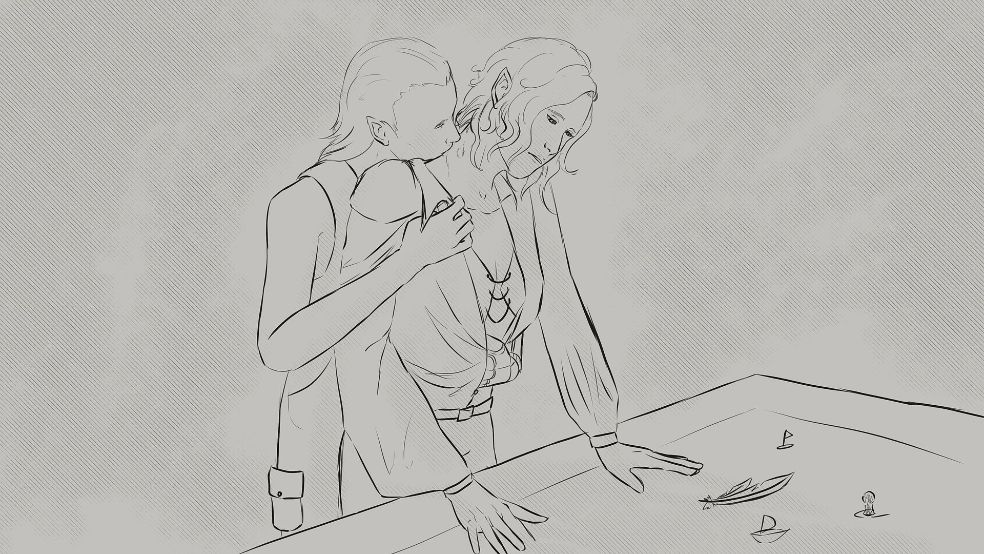 Eine schwarz-weiße Zeichnung einer Person, die auf dem Boden sitzt