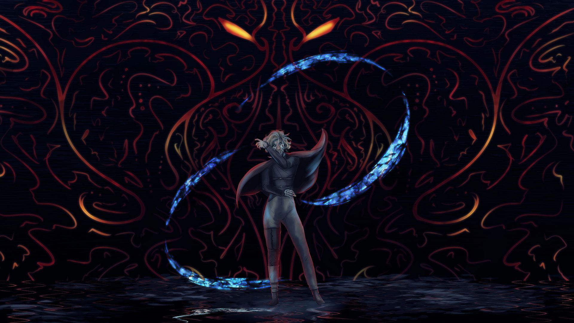 Eine Zeichnung einer Frau, die vor einem Oktopus steht