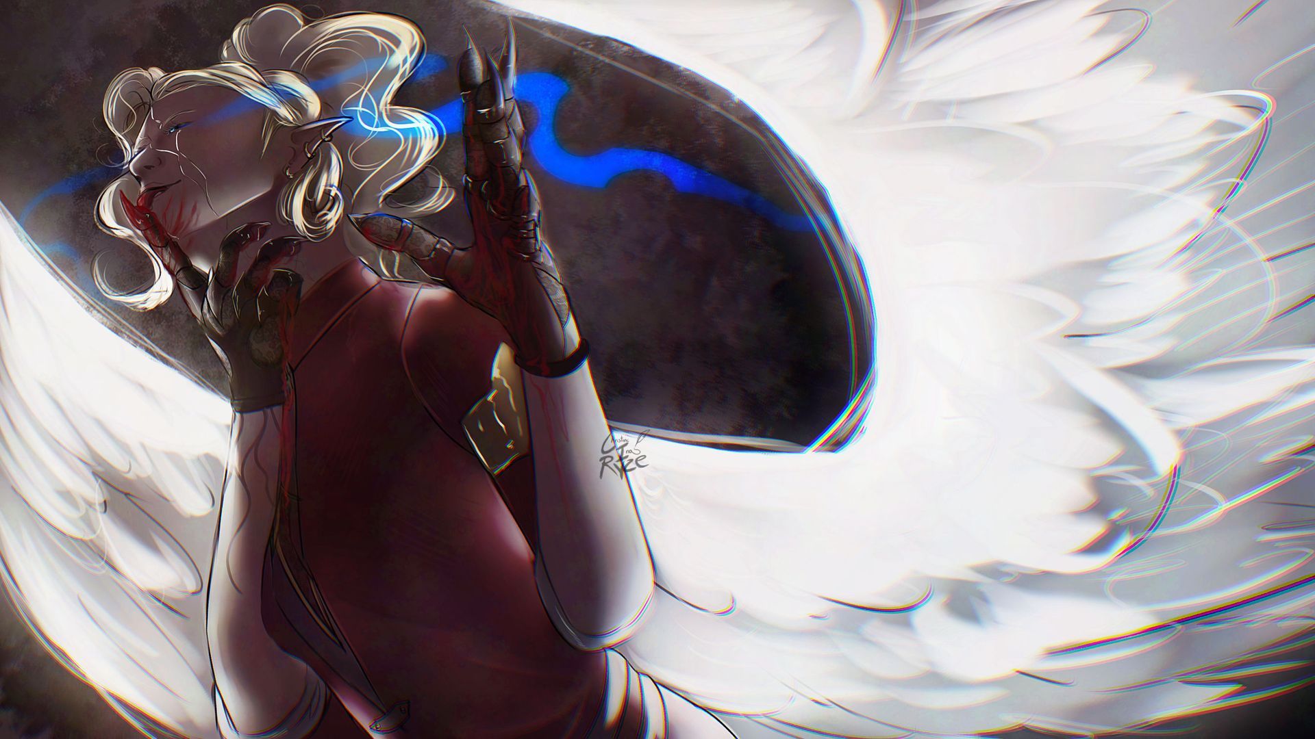 Frau im roten Anzug, mit kunstvollem Kopfschmuck und weißen, federartigen Flügeln, blickt nach oben, blaue Elektrizität.