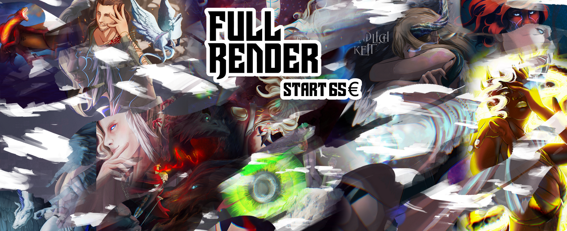 Anzeige für vollständige Renderings ab 65 €. Zeigt farbenfrohe Fantasy-Charaktere mit Effekten.