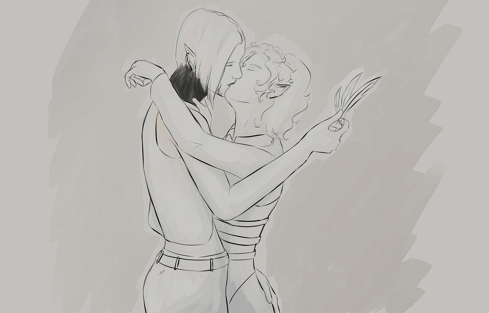 Eine Schwarzweißzeichnung eines Mannes und einer Frau, die sich umarmen.