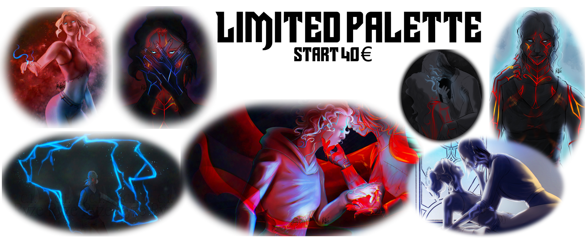 Banner mit ovalen Vignetten, die Personen und Objekte in reduzierter Farbpalette zeigen. Text: „LIMITIERTE FARBPALETTE AB 40€“.