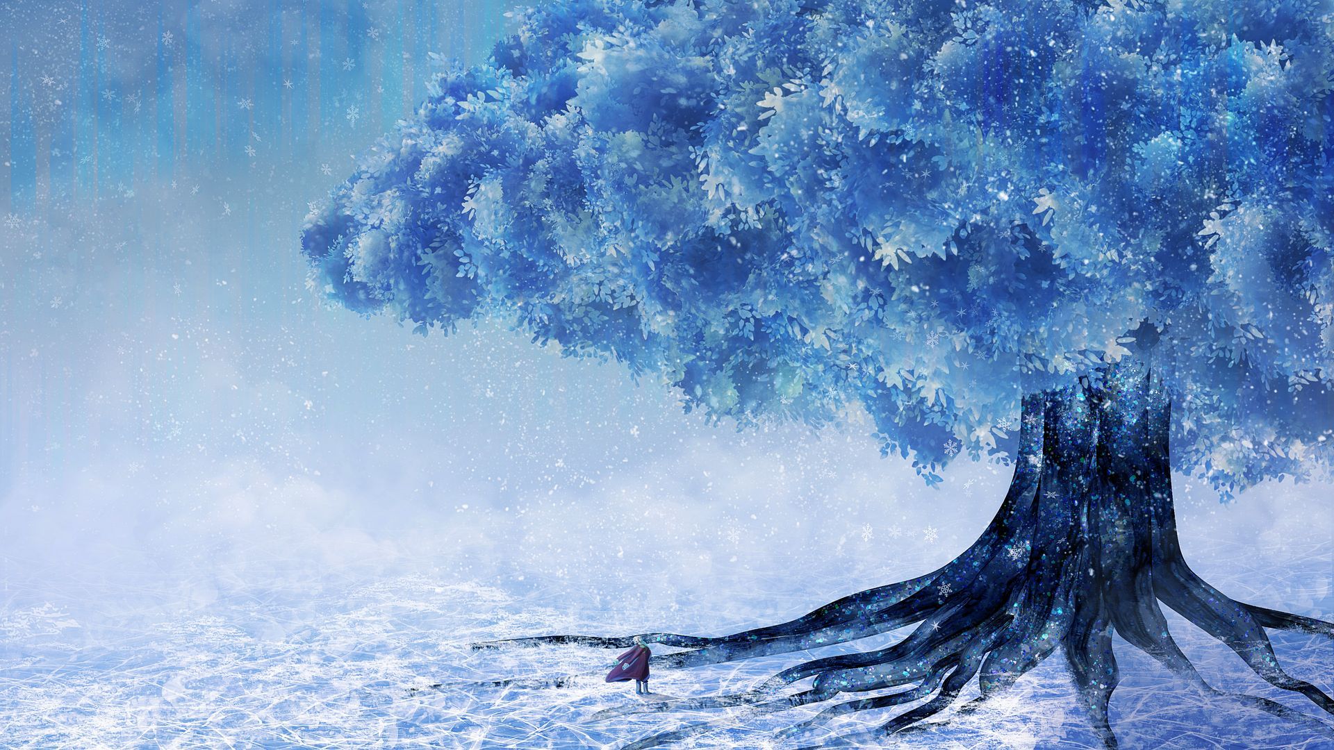 Ein Gemälde eines Baumes mit blauen Blättern im Schnee