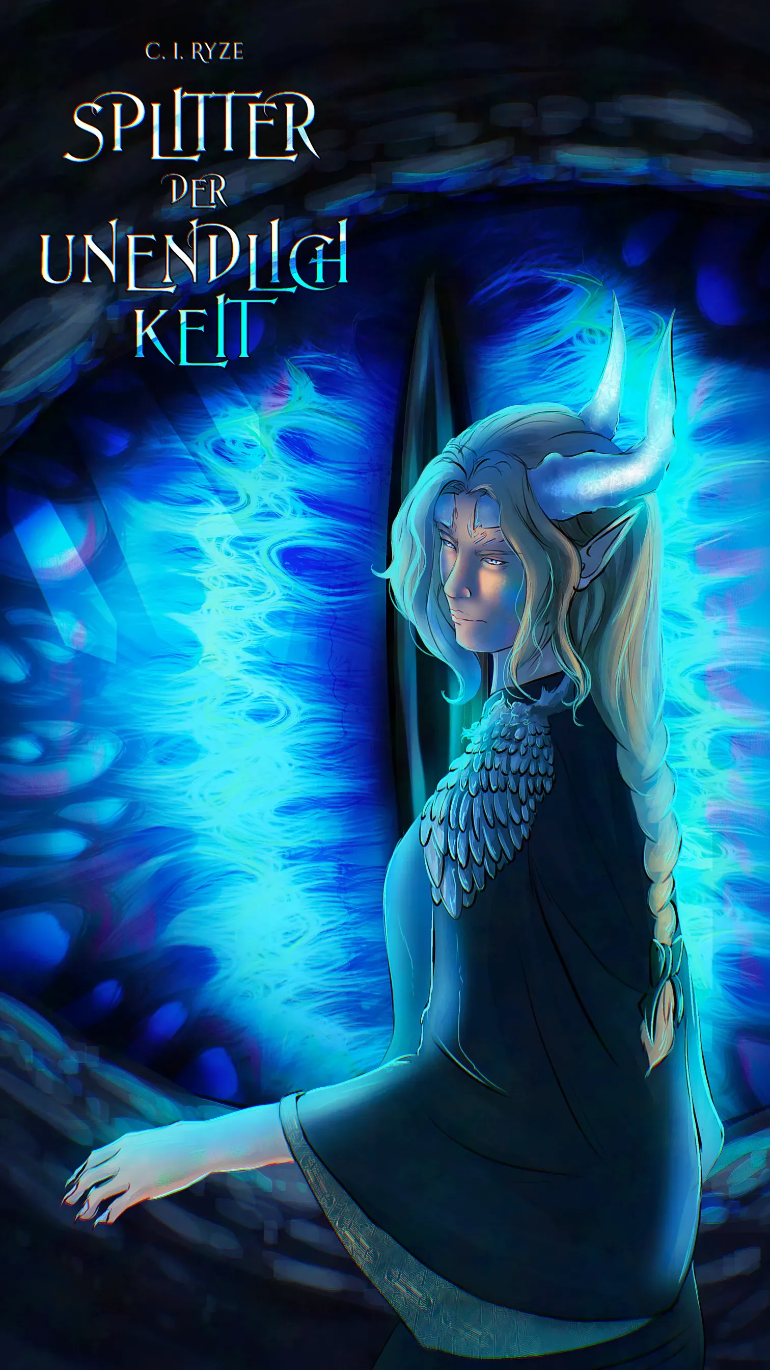 Eine Gestalt mit Hörnern blickt hinter einem blauen, drachenähnlichen Auge hervor. Darüber steht der Text „Splitter der Unendlichkeit“.