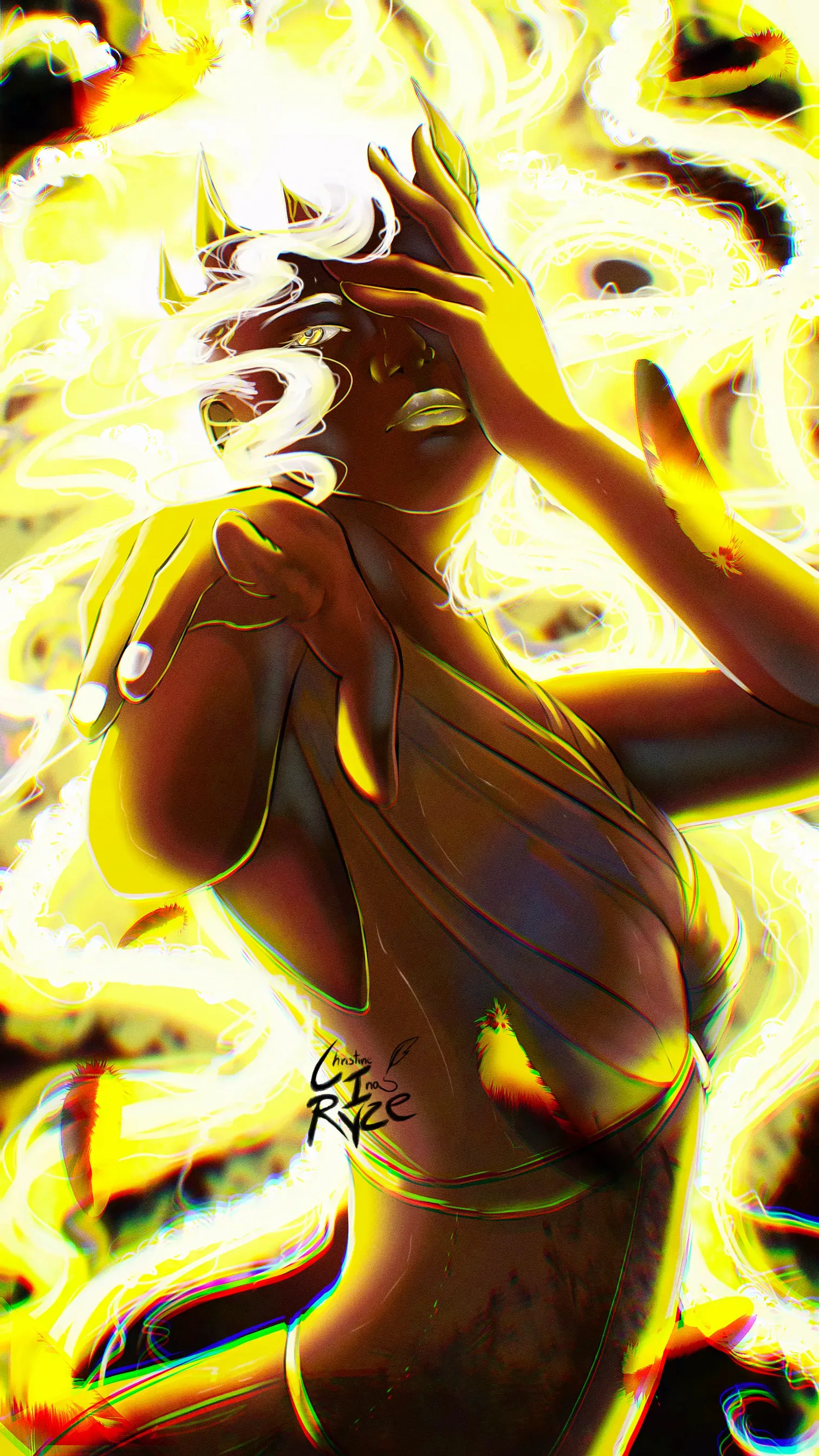 Frau in goldenem Licht, die Hand nah ans Gesicht gehalten, mit fließenden Energieeffekten.