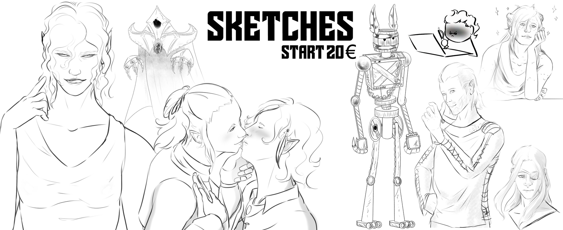 Strichzeichnungen von Personen und Figuren. Text: „Skizzen ab 20 Euro.“