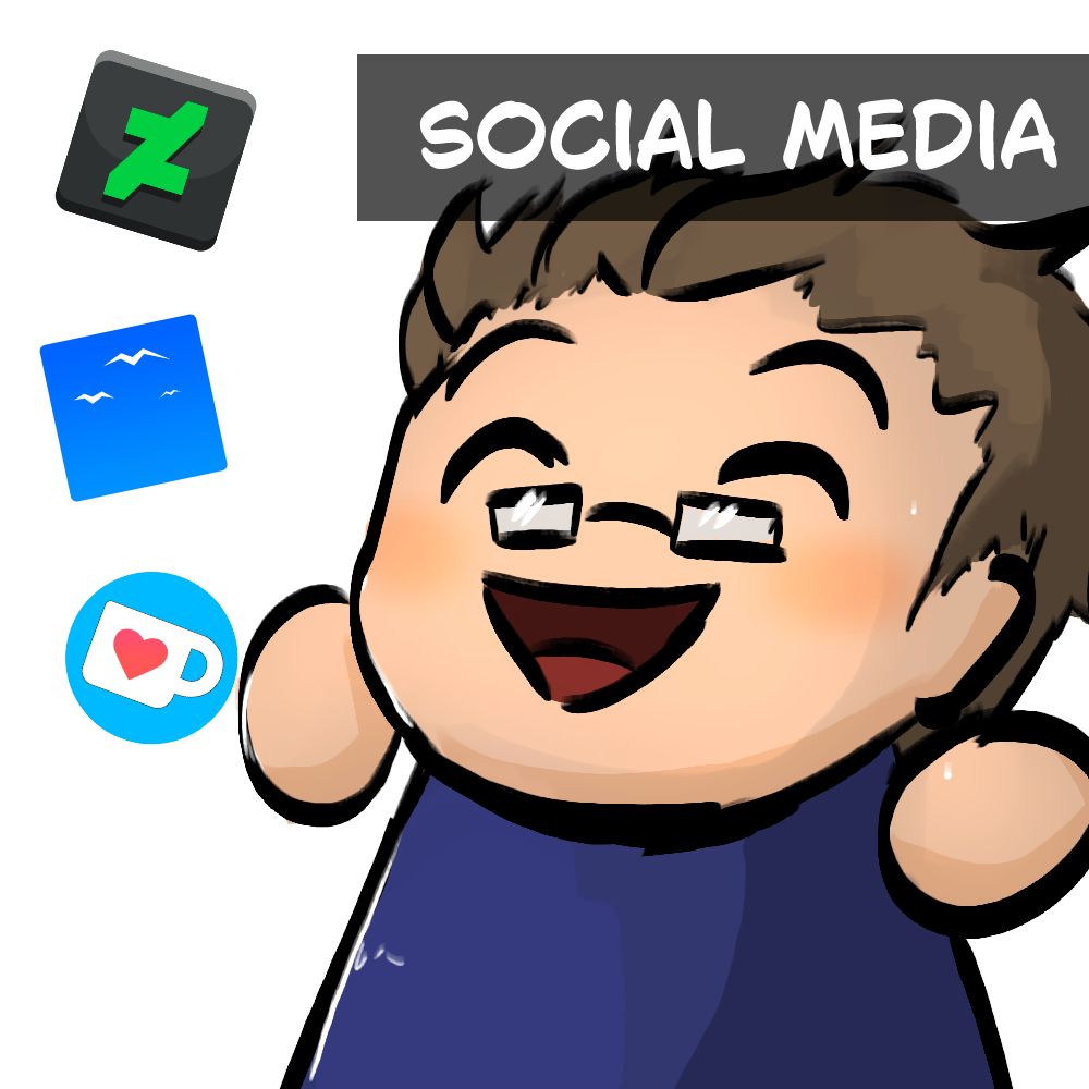 Eine Cartoon-Zeichnung eines Mannes mit Social-Media-Symbolen um ihn herum