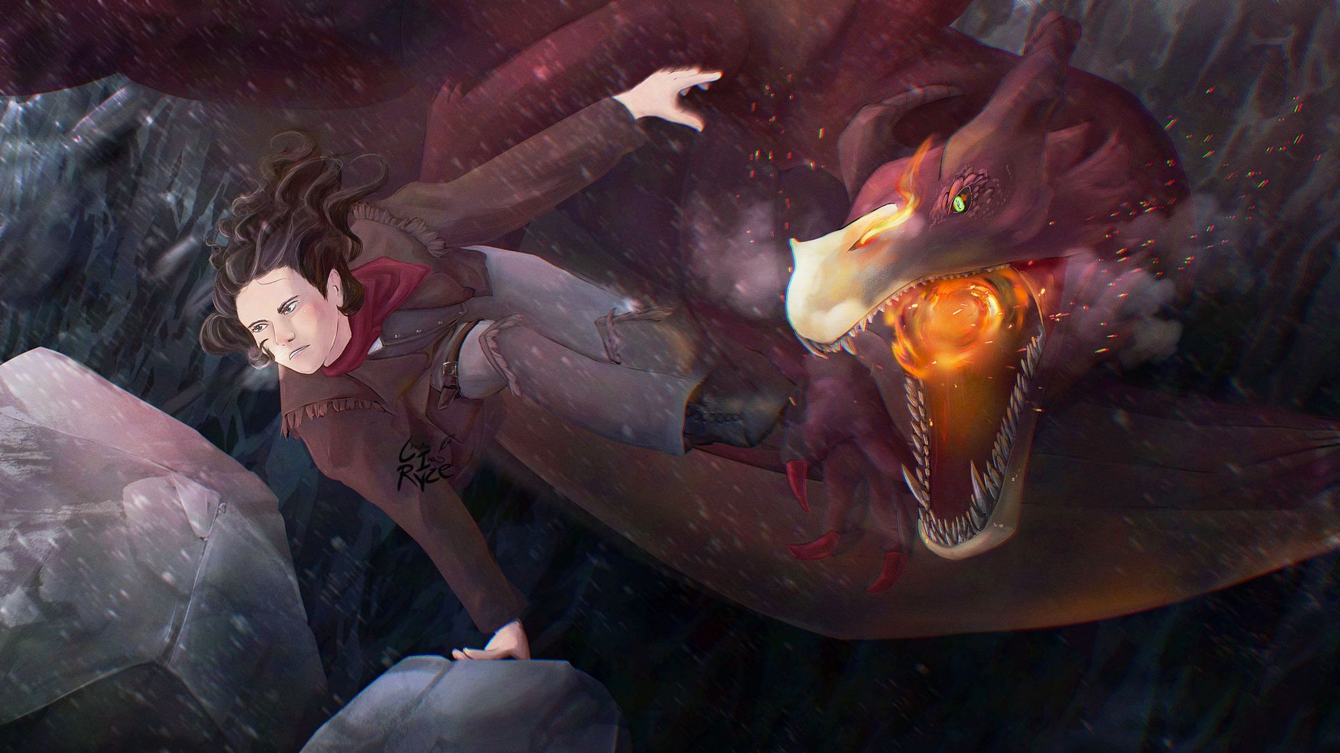 Eine Person flieht vor einem feurigen Drachen in einer wasserreichen, felsigen Umgebung; Angst im Gesicht.