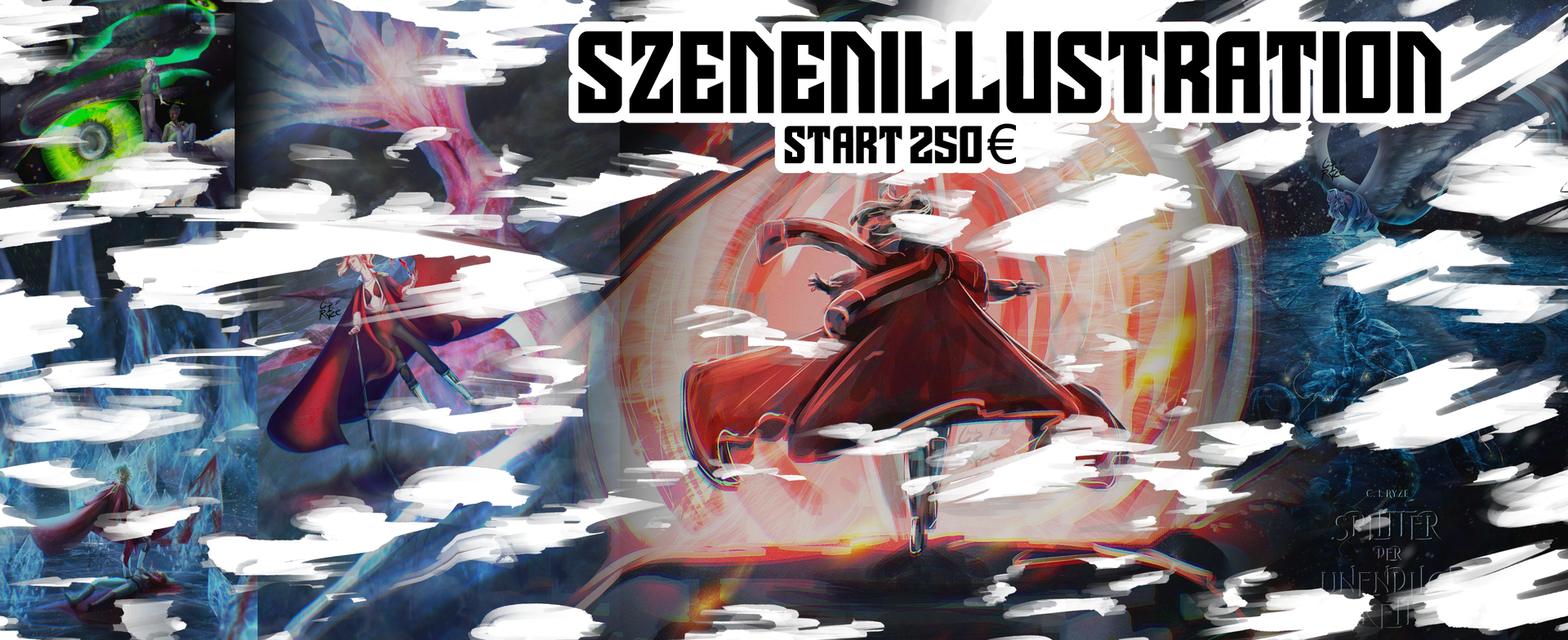 Illustration einer Science-Fiction-Szene mit Textüberlagerung „SZENEILLUSTRATION START 250 €“ und weißen Wolkeneffekten.