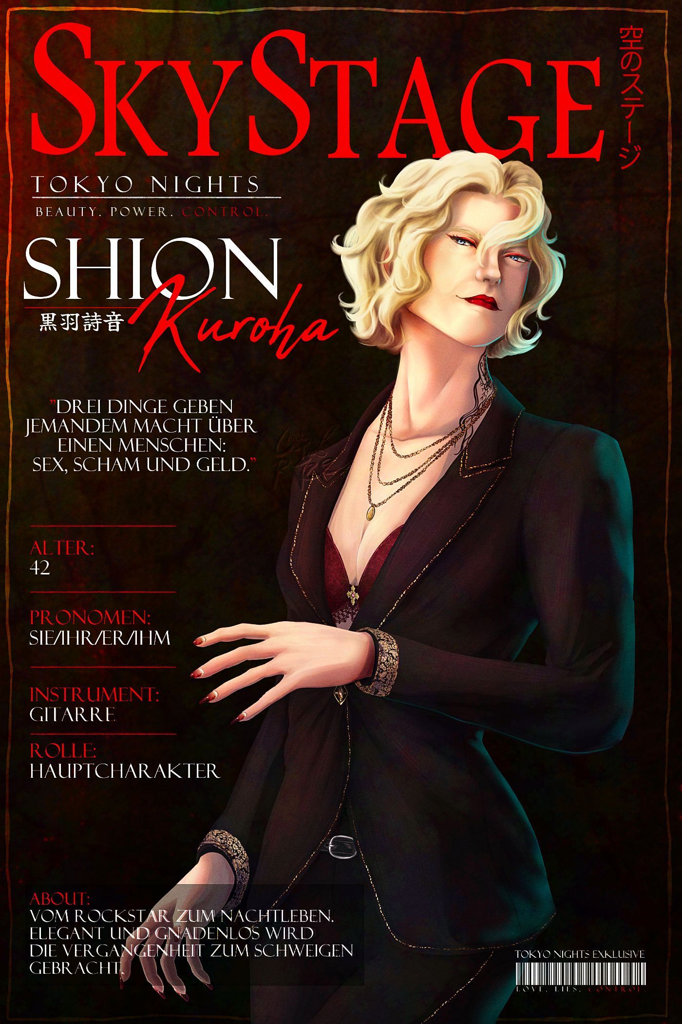 Titelbild eines Modemagazins mit einem blonden Model in einem schwarzen Anzug vor rotem Hintergrund