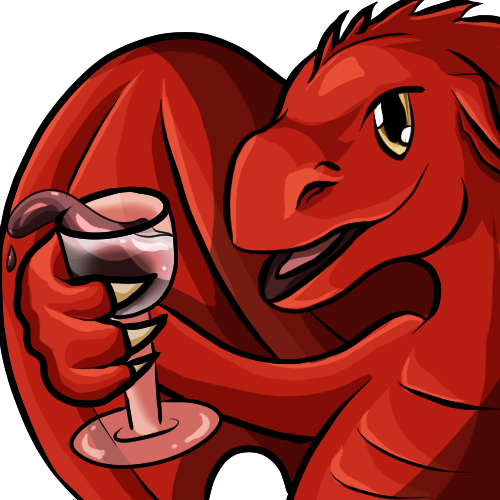 Eine Karikatur eines roten Drachen mit einem Glas Wein