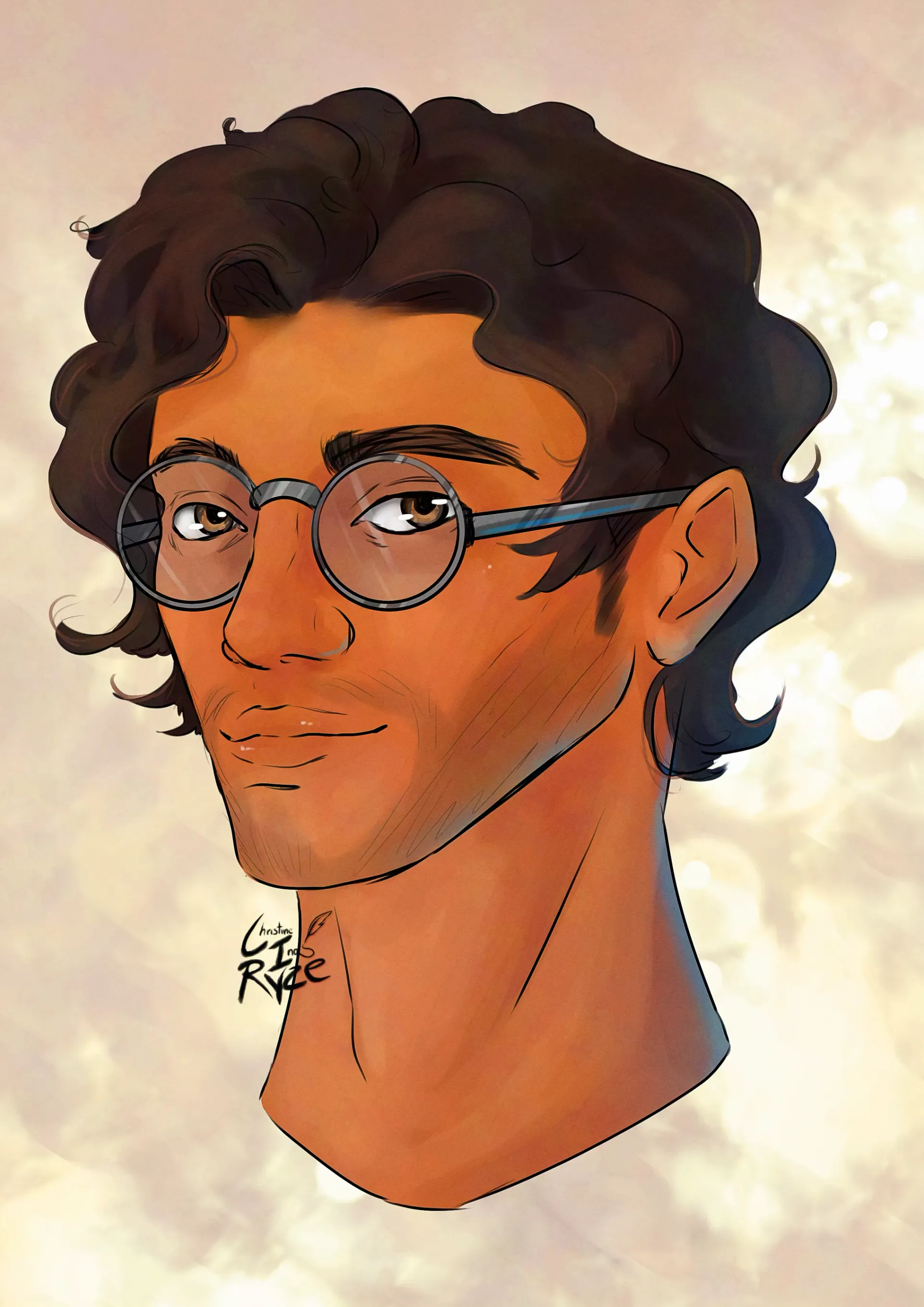 Mann mit Brille, dunklem lockigem Haar und hellbrauner Haut, der zur Seite schaut.