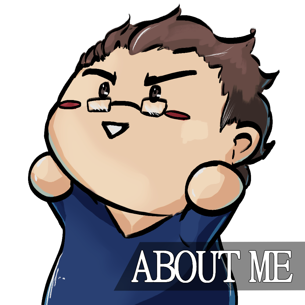 Cartoonfigur mit Brille, erhobenen Händen, lächelnd, Textfeld „Über mich“.
