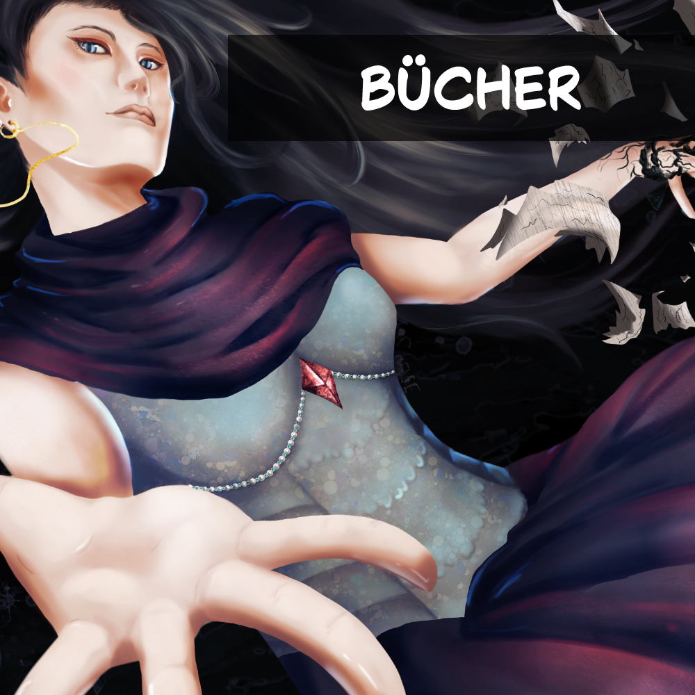 Ein Gemälde einer Frau mit dem Wort „Bucher“ in der Ecke