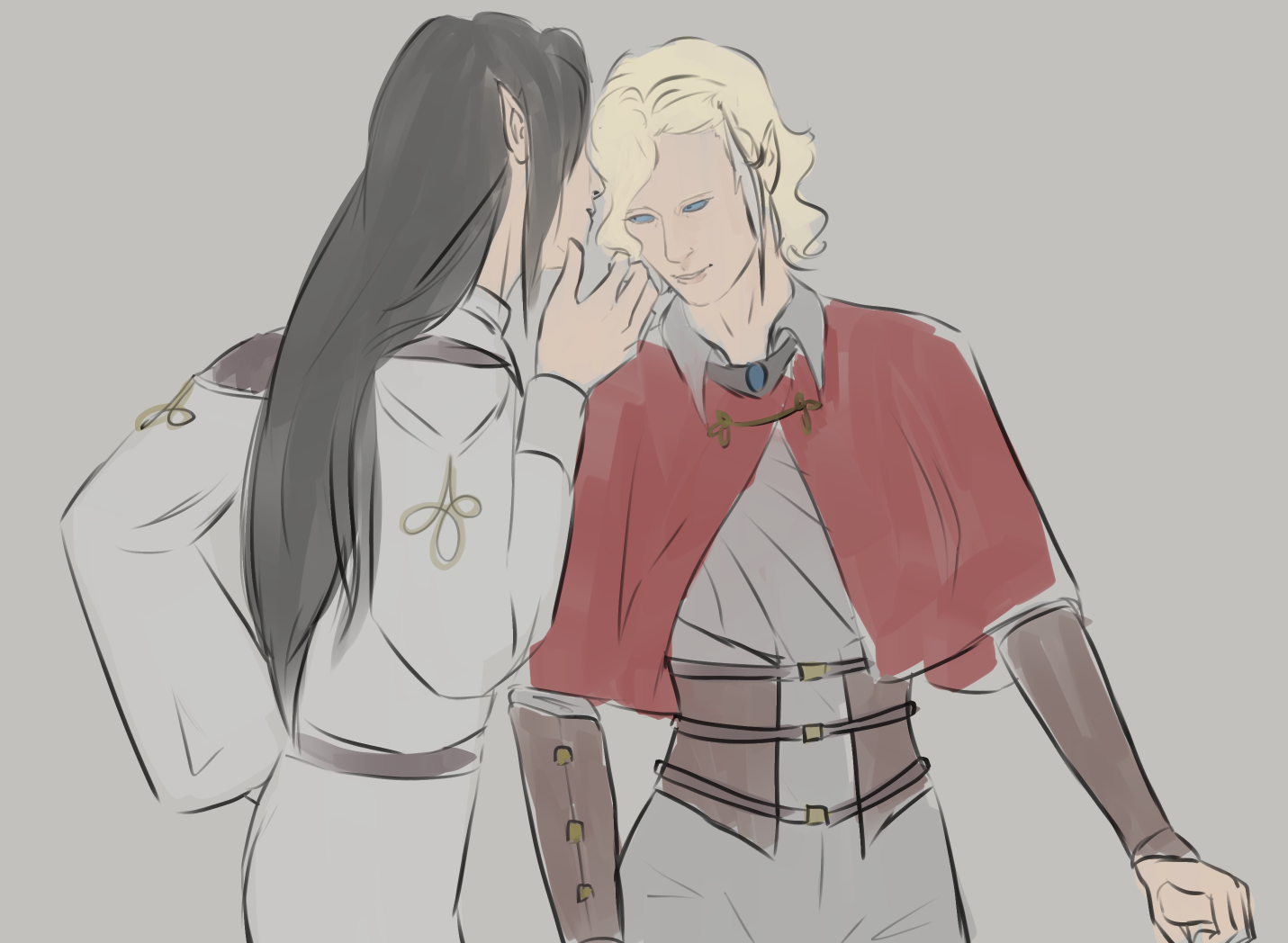 Eine Zeichnung einer Frau, die einer anderen Frau etwas ins Ohr flüstert