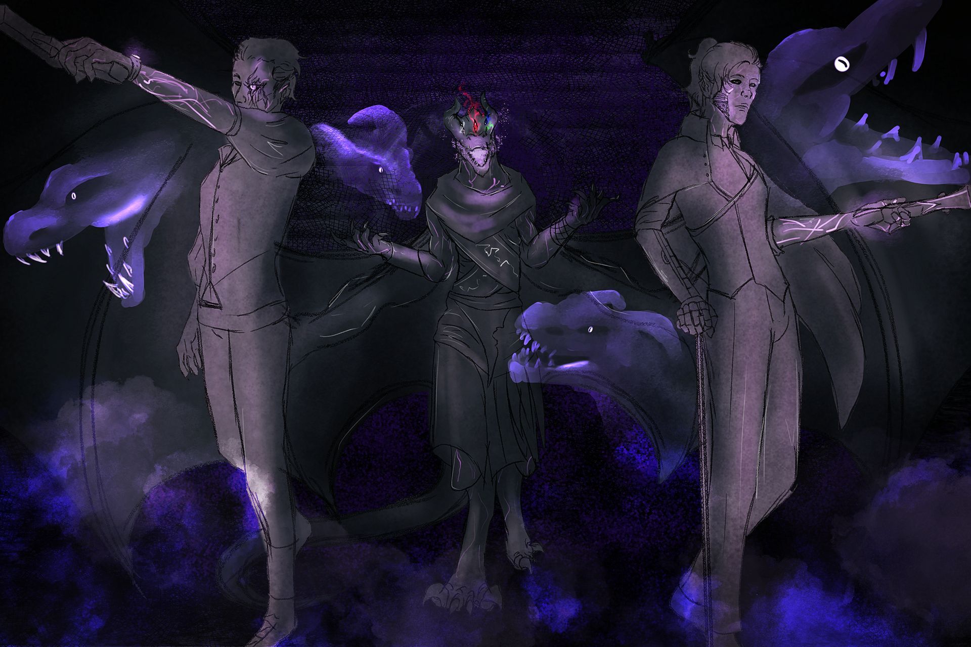 Eine Pixelkunst einer Statue mit violettem Hintergrund