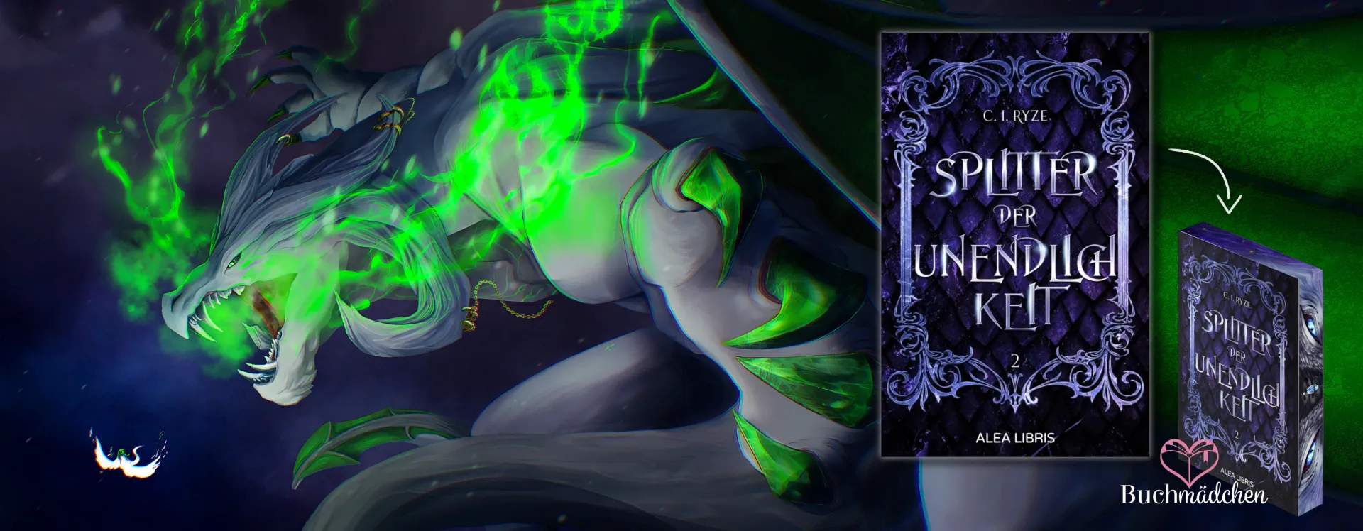 Ein Drache, der grünes Feuer speit, neben einem Buch mit dem Titel „Die Spinne und der unfreundliche Kut“.