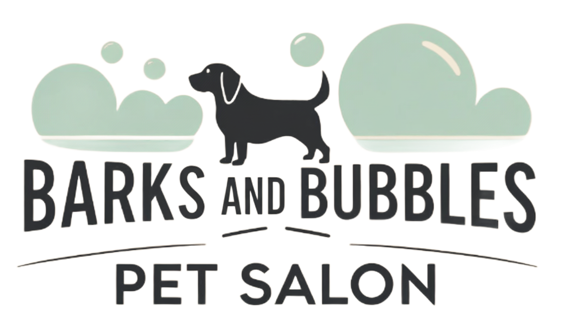 Logo for Bark and Bubbles Pet Salon: a black dog in front of 