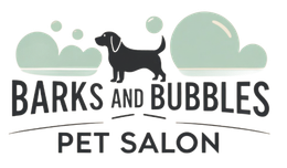 Logo for Bark and Bubbles Pet Salon: a black dog in front of 