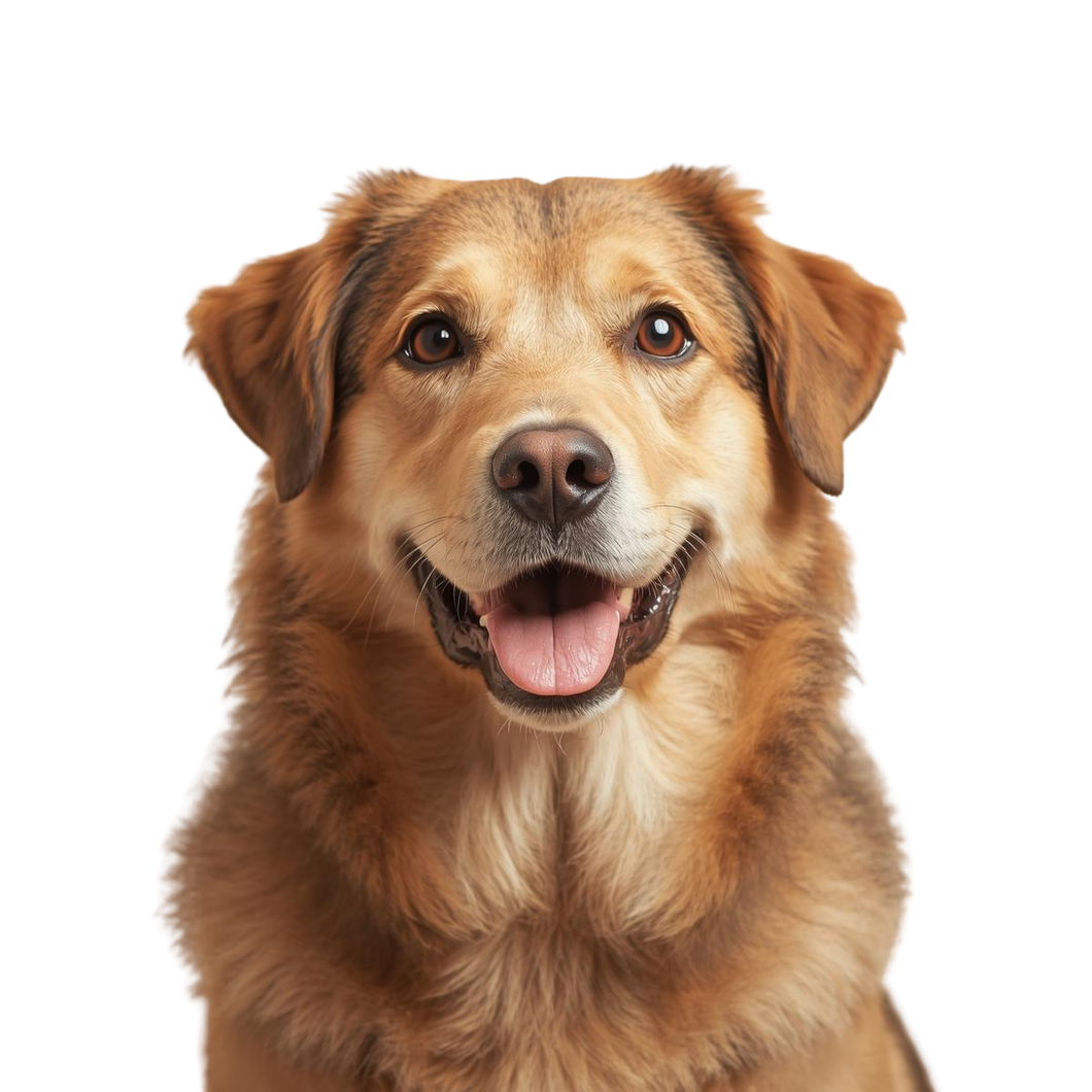 Brown and tan dog smiling, open mouth, against white background.