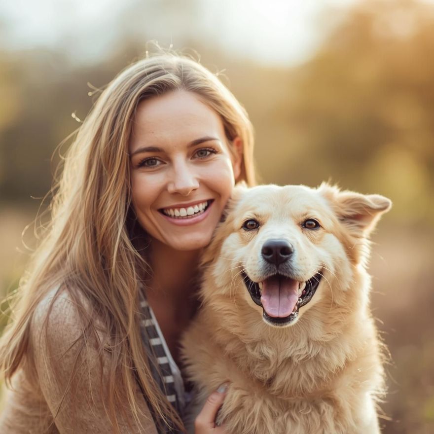 Woman with long blonde hair smiles, embracing a golden retriever outdoors.