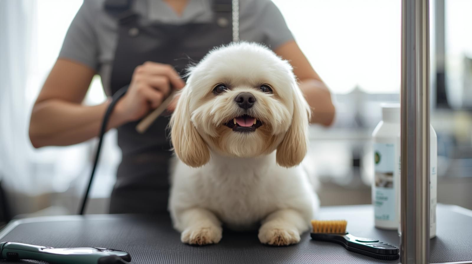 Dog being groomed on a table, smiling. Groomer in the background, tools visible.