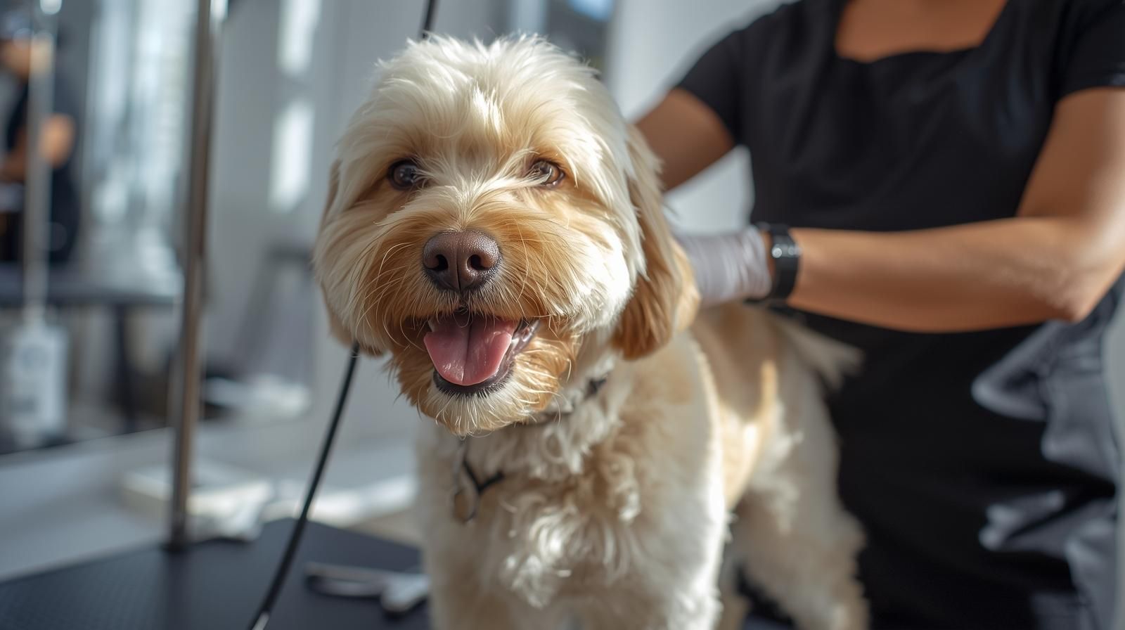 Dog getting groomed with a groomer wearing a black shirt and gloves.